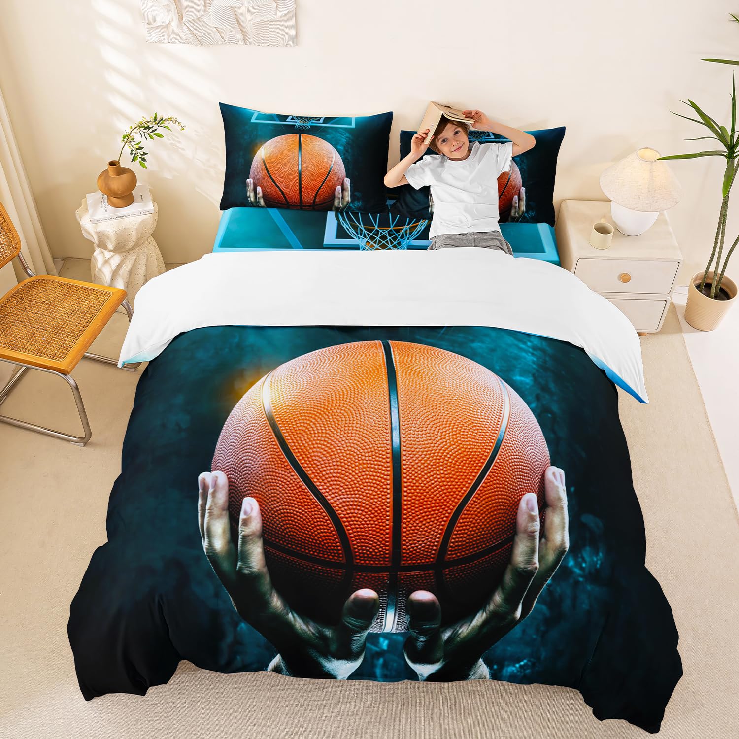Set di biancheria da letto con tema campo da basket per ragazzi, pallacanestro, copripiumino 220 x 240, decorazione sportiva, tema copripiumino 3D partita di palla, biancheria da letto per bambini e