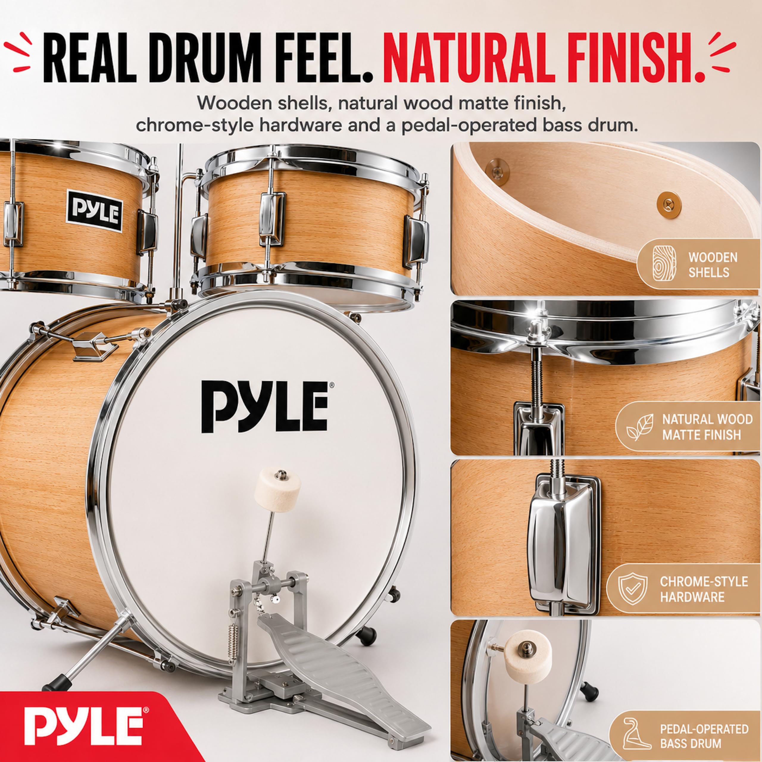 Pyle Set de Batterie Enfant – Kit de Batterie Musique Junior Débutant 3 Pièces avec Grosse Caisse de 33 cm, Caisse Claire, Tom, Cymbale, Siège Réglable, Sourdines, Baguettes, Naturel