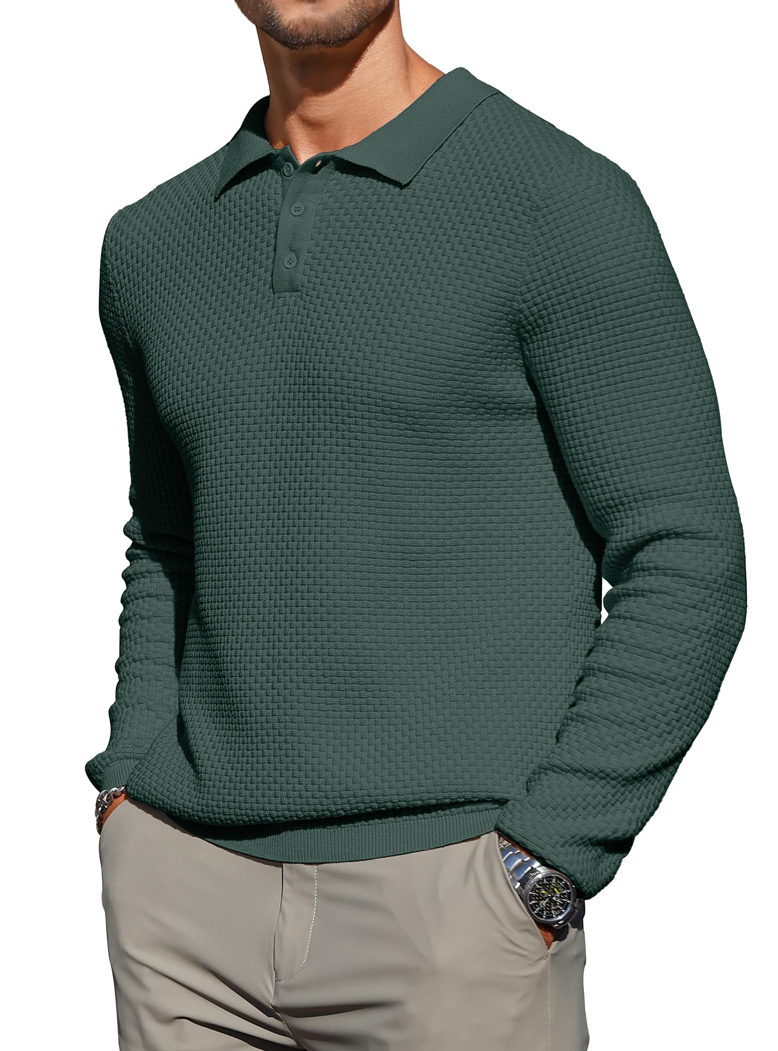 Zaitun Mens Knit Polo Sweater Long Sleeve Lightweight Collared Pullover Casual Sweaters Khaki