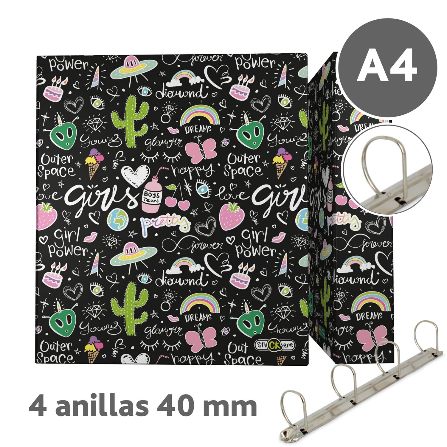 Grafoplás 88172655. A4 Ring Binder, 4 Mixed Rings 40 mm, Soft Anti-Fingerprint, Stickers Collection, Crazy Space - Image 2