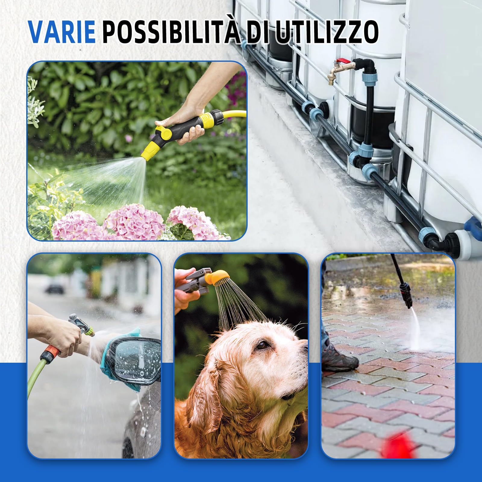 IBC - Set di collegamento per 3 serbatoi IBC o serbatoi di pioggia, con rubinetto a collo di cigno da 3/4", uscita con raccordo tubolare, ideale per l'irrigazione del giardino