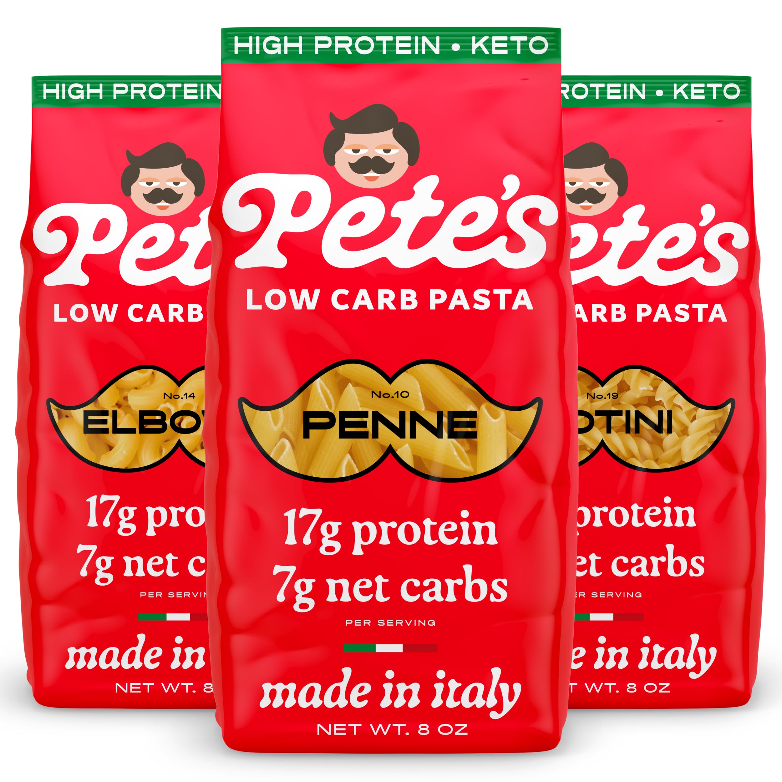 17g High Protein Variety Penne, Rotini, Elbow Macaroni Pasta | 7g Low Carb Keto Pasta | Healthy, Italian Pasta From Italy | 3-Pack, 8oz - Pete's Pasta17g High Protein Variety Penne, Rotini, Elbow Maca…