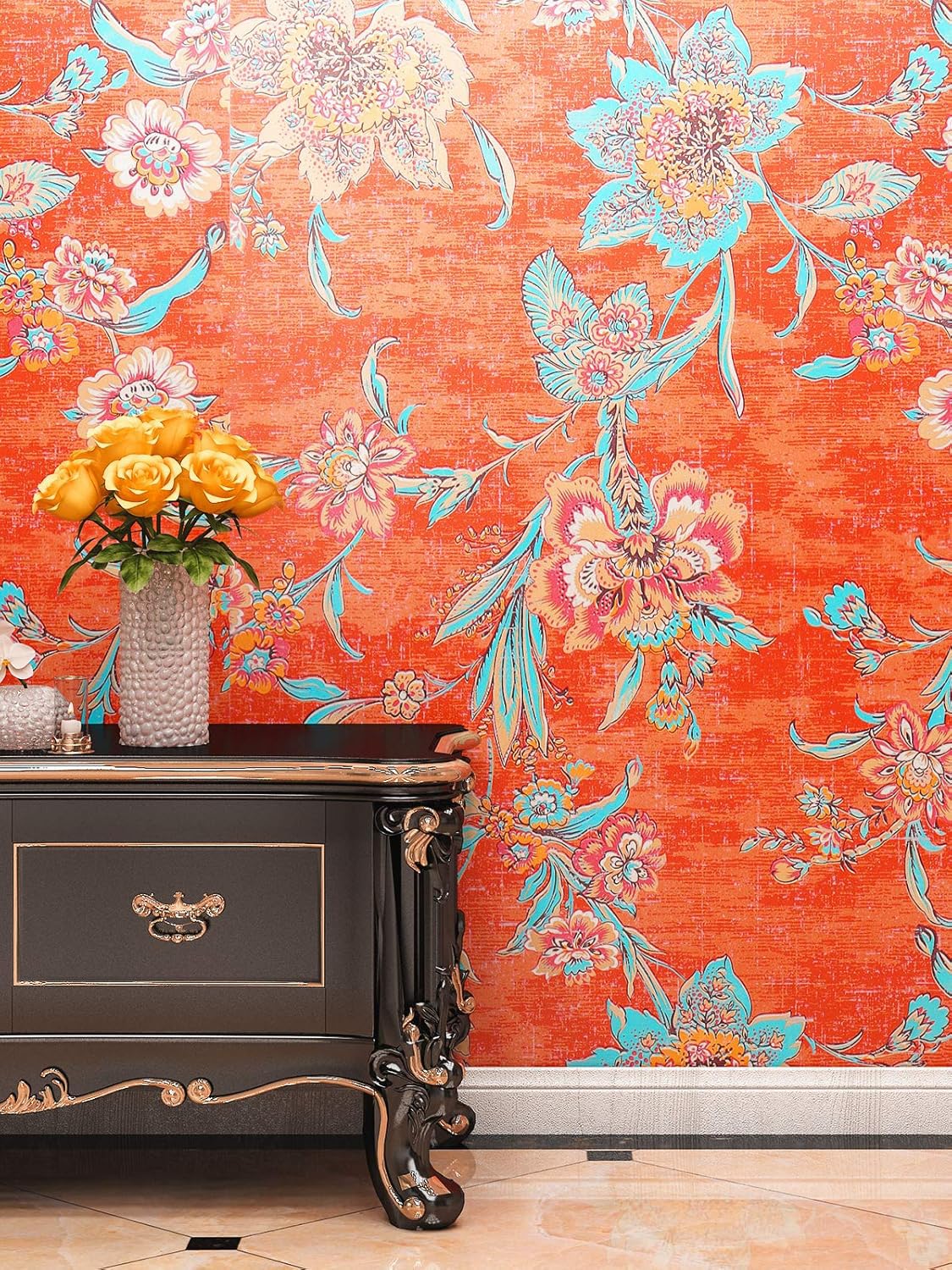 FunStick 44.5CM×9M Papel Pintado Flores Naranja Rojo Papel de Pared Hojas Tropicales Dormitorio Habitación Naranja Vinilo Adhesivo Muebles Flores Vintage Vinilos de Pared Decorativos Cocina Armario