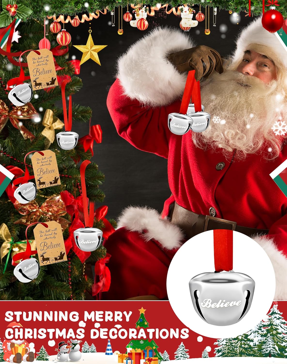 36PCS Christmas Believe Bell Ornaments, Polar Express Bell, Silver Sleigh Bell Christmas Party School Classroom Indoor Outdoor Decor Supplies(36)