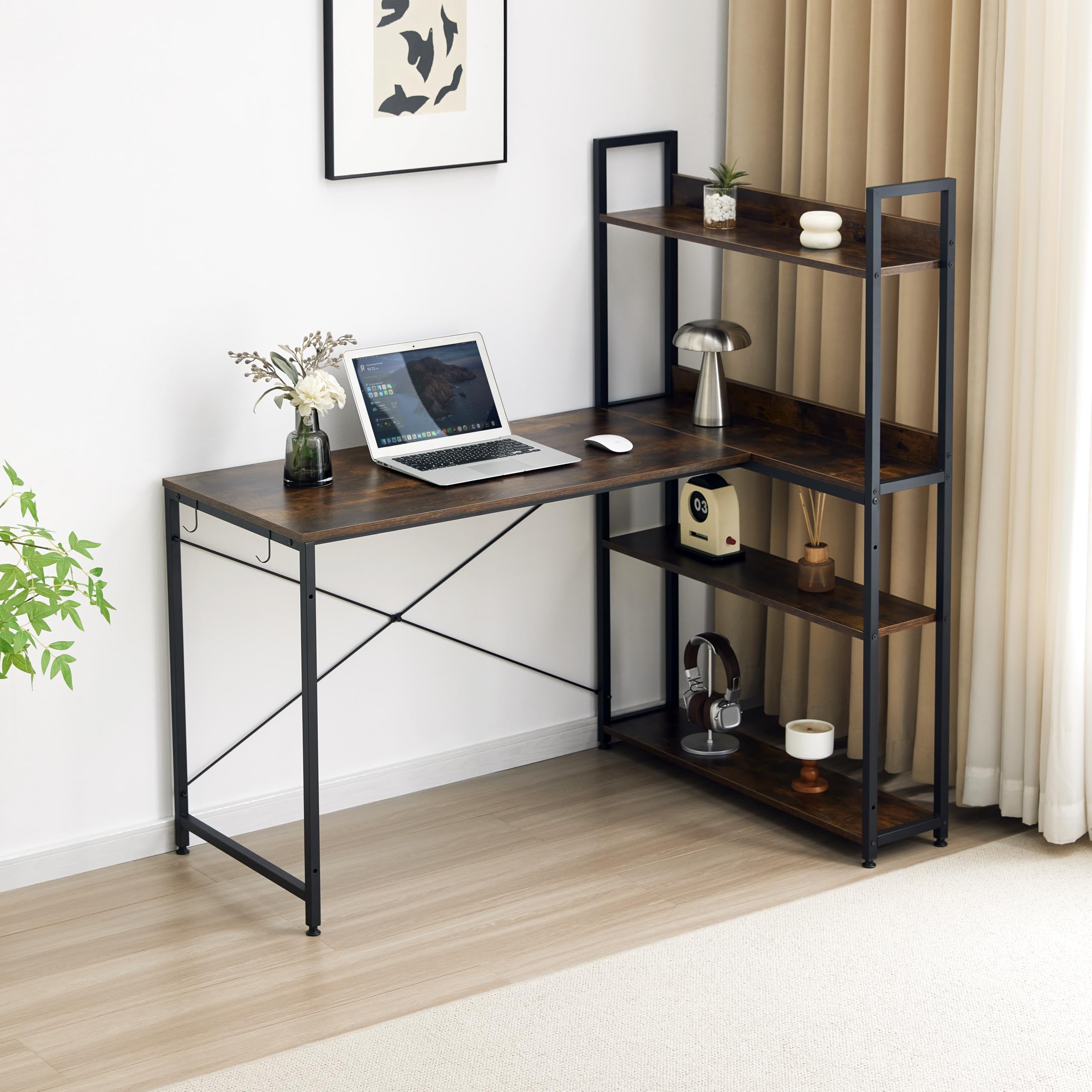 Garvis Eckschreibtisch 120x50 cm (128 cm Hoch) – L-Form Gaming Tisch mit 3-Tier Regal (Rustikal)
