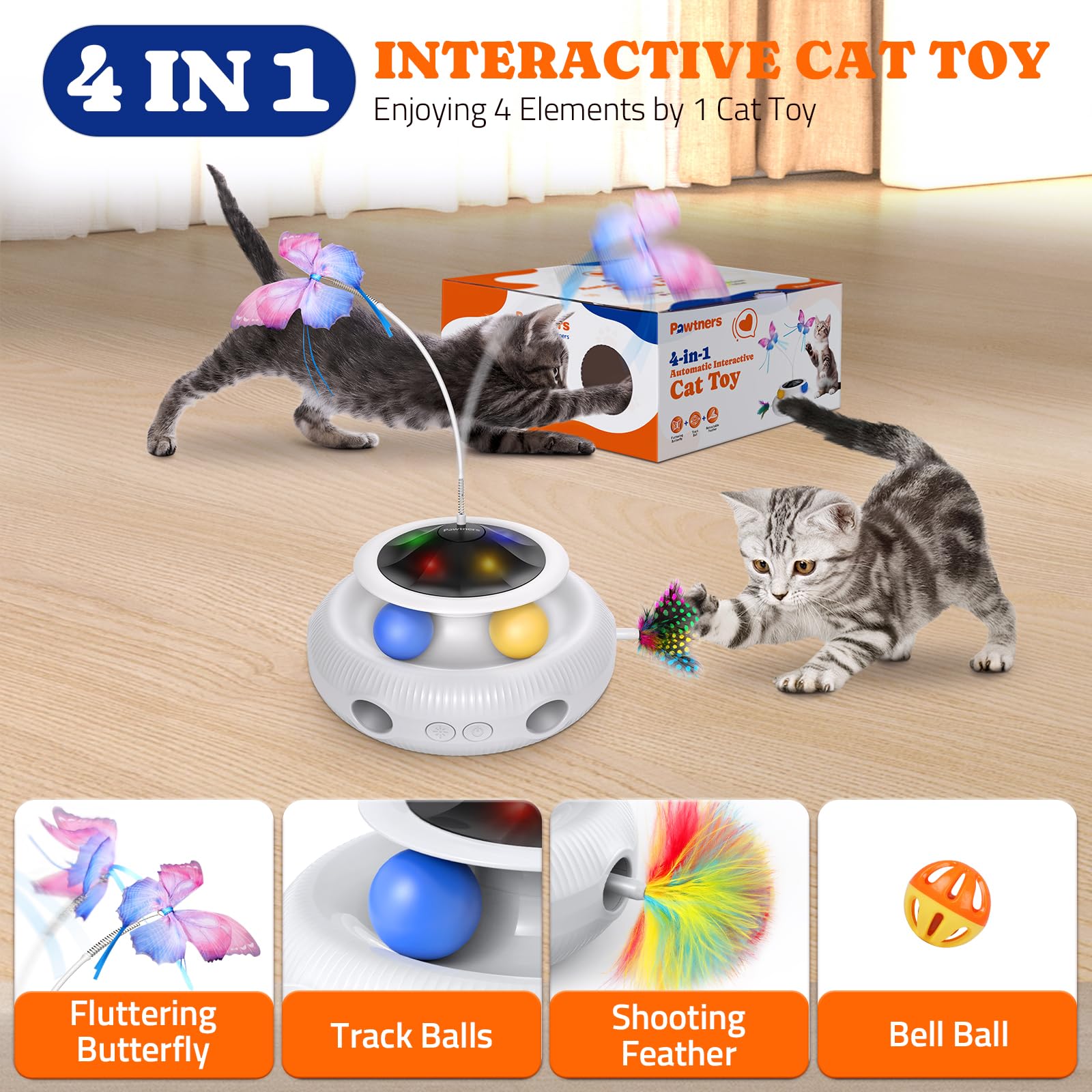 Pawtners Giocattolo interattivo automatico per gatti 3 in 1, per gatti da interni, ricaricabile, interattivo, con farfalla svolazzante, palline e piuma Abumsh in movimento