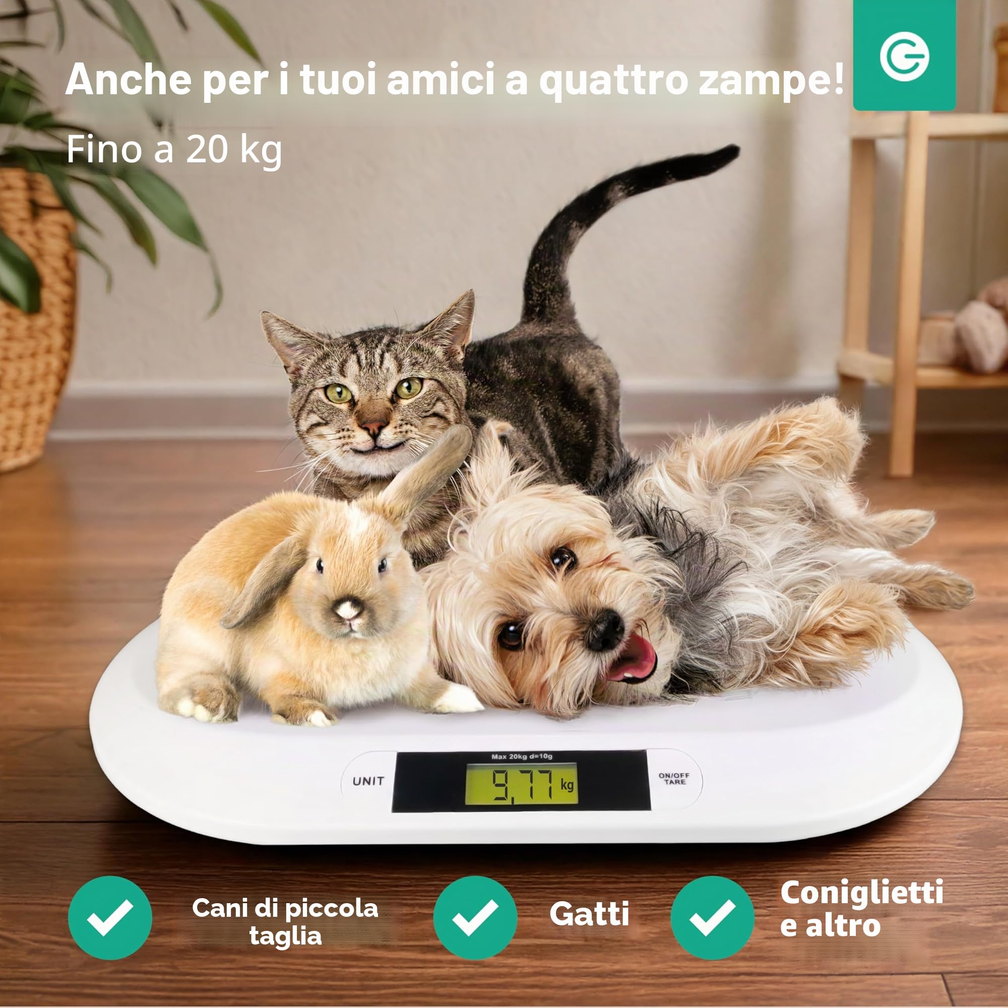 Silvergear® Bilancia digitale per Bambini | Fino a 20 kg | Bilancia Digitale per Neonati | Indicatore LED | Controllo del peso dalla Nascita | Bilancia per Animali | 54,5 x 31,5 x 3,5 cm | Bianco