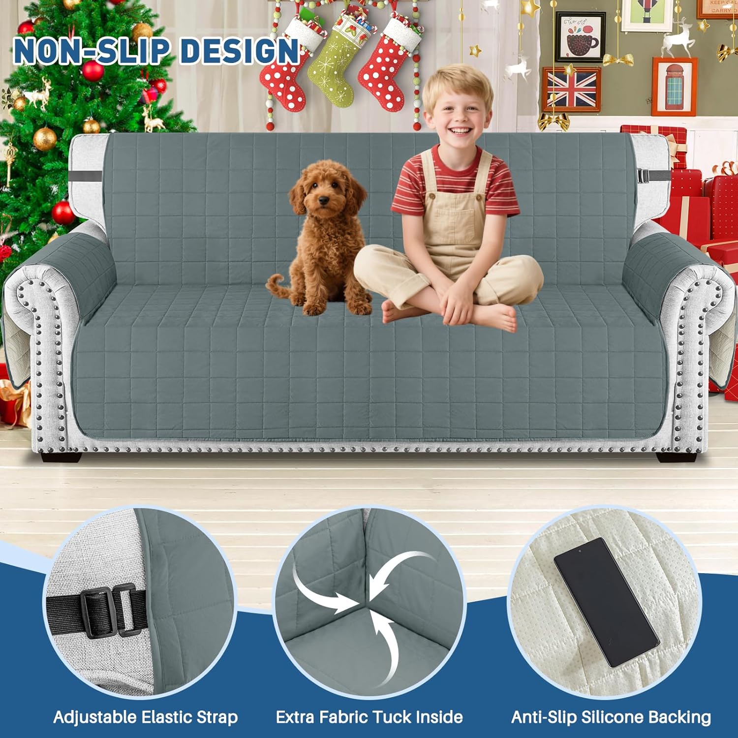 MAXIJIN Waterproof Couch Covers for 3 Cushion Couch Sofa Pet Friendly, 69" Quilted Sofa Covers Washable Dog Couch Cover Protector with Elastic Strap & Side Pocket (Sofa, Dark Gray) - Image 4