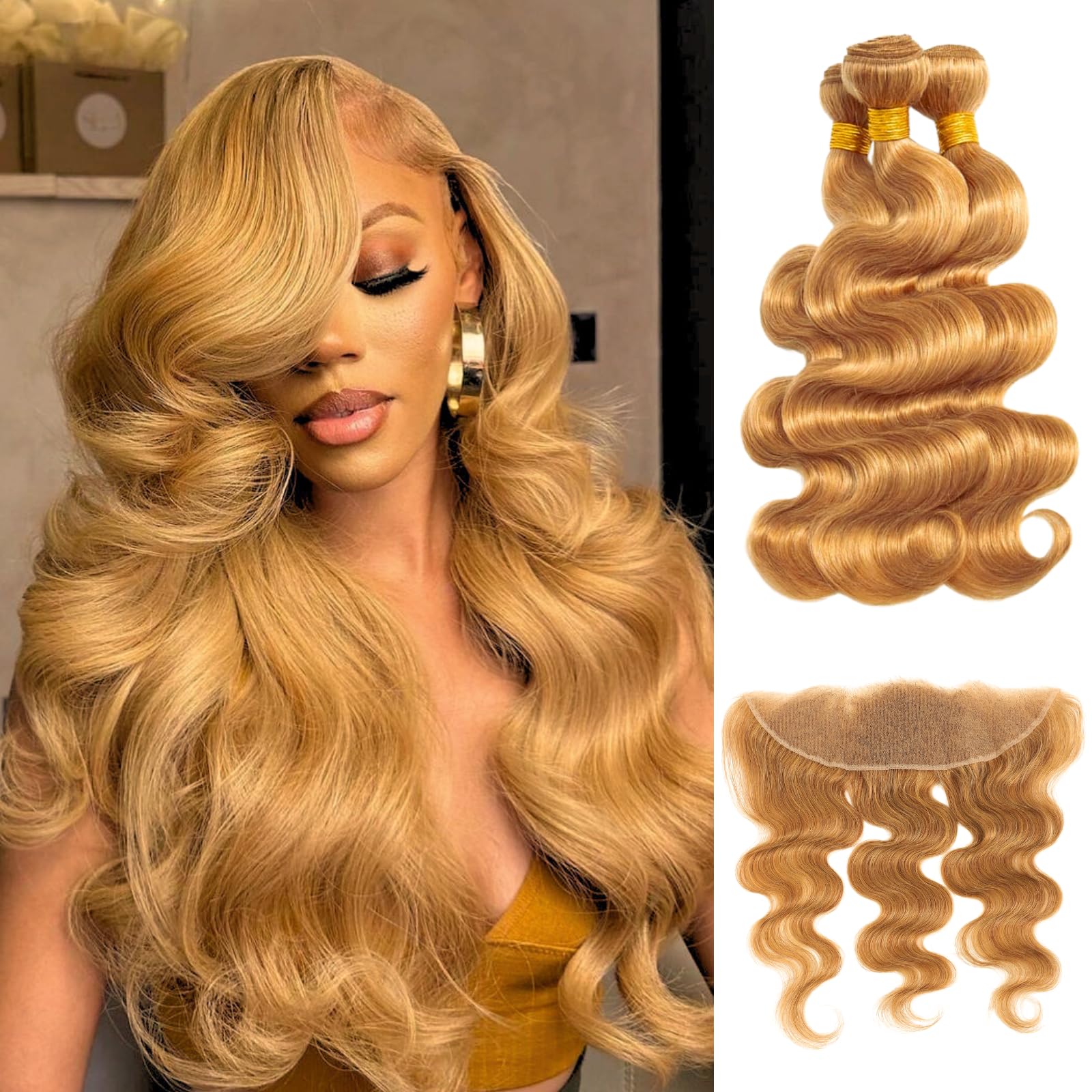 ALHER Honey Blonde Bundles with Frontal Human Hair Body Wave, 12A Color #27 Sun-kissed Vibe Golden Blonde Real Human Hair Bundles with 13X4 HD Lace