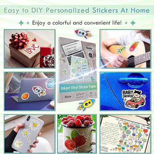 Miniatura 8 de Koala - Papel adhesivo de vinilo imprimible para impresora de inyección de tinta, 20 hojas de papel adhesivo blanco mate, papel adhesivo impermeable