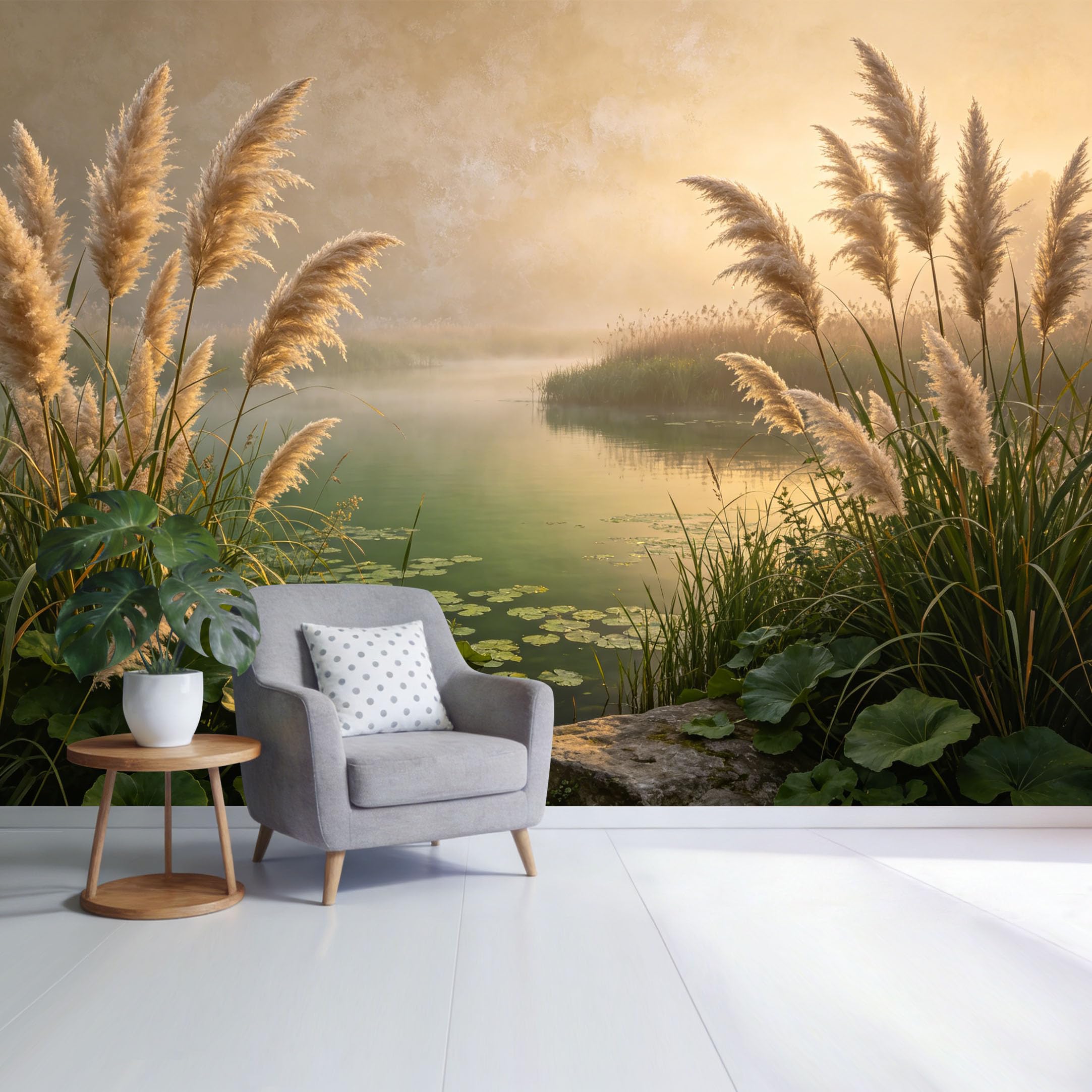 Custom Size Wall Mural Serene Lake Landscape Pampas Grass Morning Mist Botanical Nature Scene SelfAdhesive Wall Fabric Removable Wallpaper for Home Office Decor