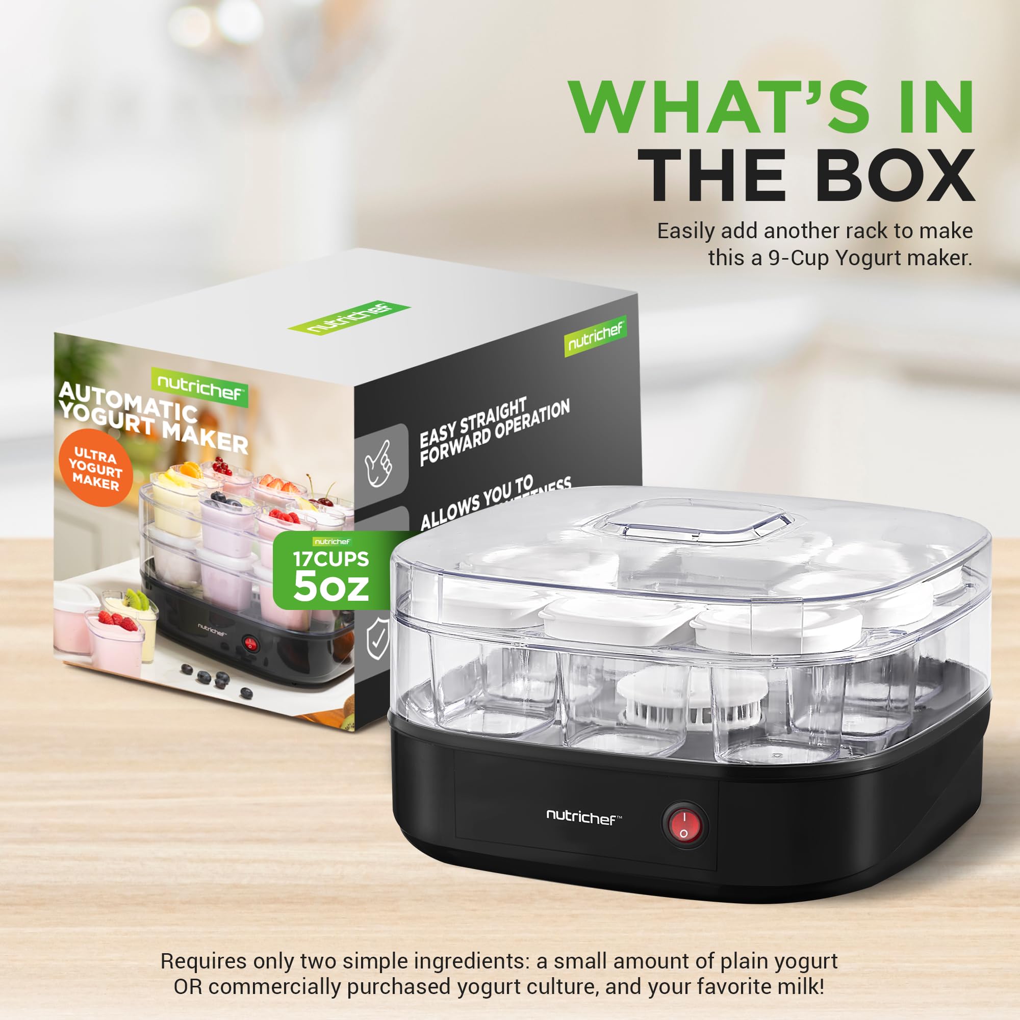 Nutrichef Máquina automática de Yogurt – Incluye 9 Tazas Reutilizables de 5 onzas con Tapas para Almacenamiento instantáneo, Negro