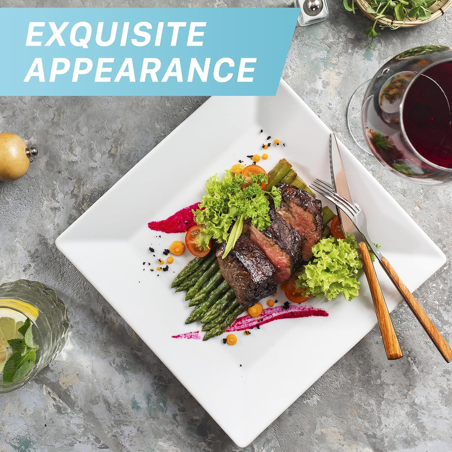 Appetizer Plates Set of 6,10 Inch Porcelain Square Dinner Plates,White Salad Plates,Square Serving Plate for Steak,Pasta,Dessert, Scratch Resistant, Microwave and Dishwasher Safe