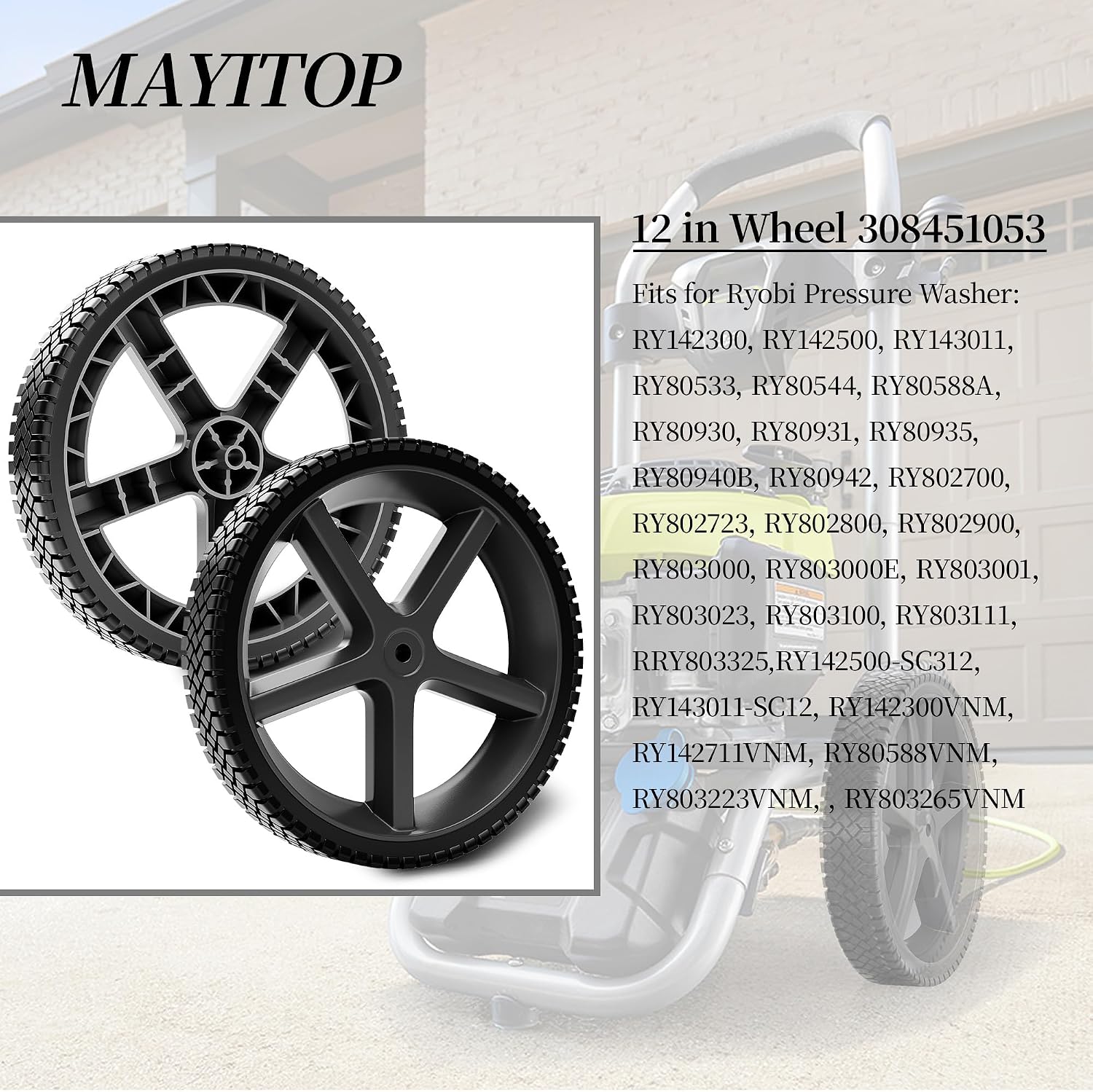 308451053 Pressure Washer Wheel Compatible with for Ryo-bi & Hom-elite & Black-Max Pressure Washer UT80993F BM80544 RY80942 PS80544-2 Pack Hub is 12 in x 1.75 in 1/2