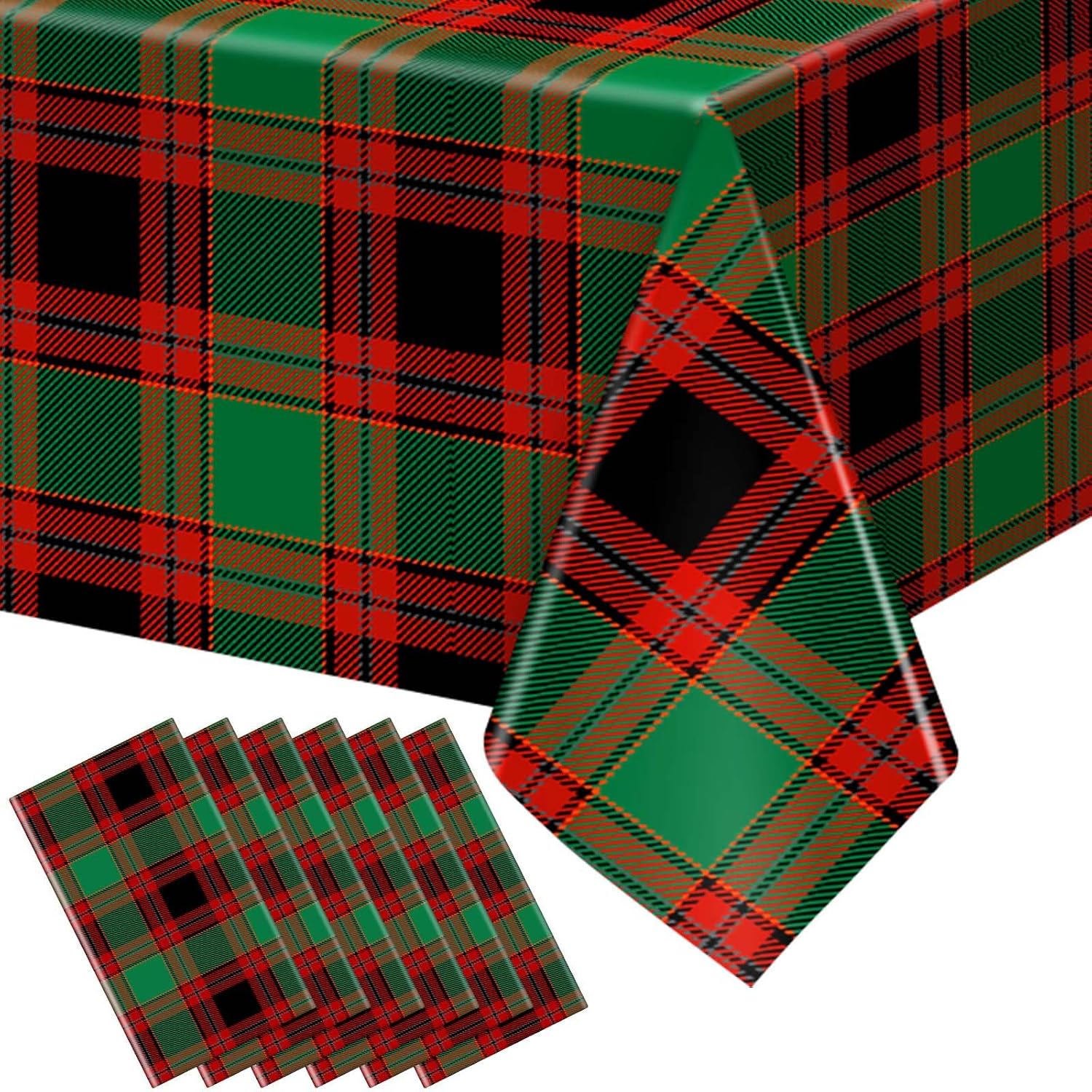 Panelee Christmas Plastic Buffalo Plaid Tablecloth 54" x 108" Checkered Party Tablecloth Decorations Xmas Rectangle Table Cover Backdrop for Christmas Holiday Wedding Decor Supplies(Classic, 6 Pcs)