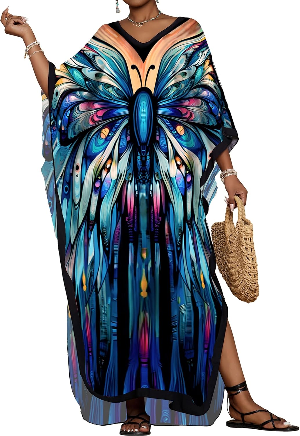 Bsubseach Kaftan Dresses for Women Floral Print Caftans Bathing Suit Cover Ups Plus Size Long Beach Coverup Dress
