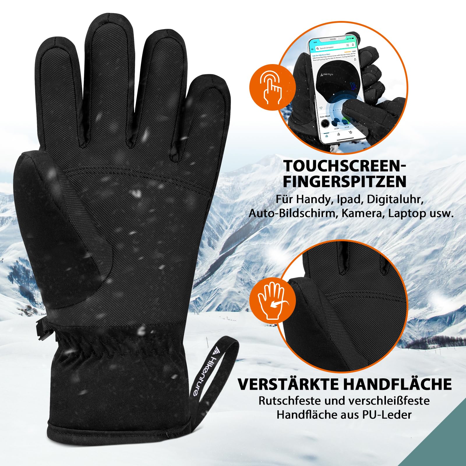 HIKENTURE Winterhandschuhe Herren Damen, 3M Thinsulate Skihandschuhe, wasserdichte Handschuhe Winter Warm, Winddichte Touchscreen Snowboardhandschuhe für Skifahren, Radfahren, Motorrad, Laufen