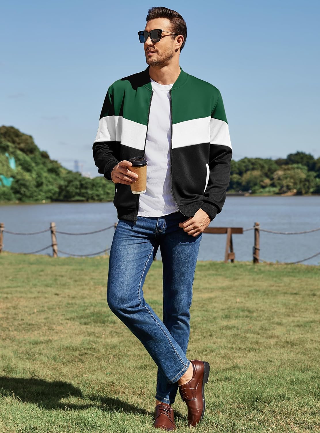 Men's Lightweight Varsity Jacket Casual Bomber Jacket Stylish Color Block Windproof Coat - Image 5