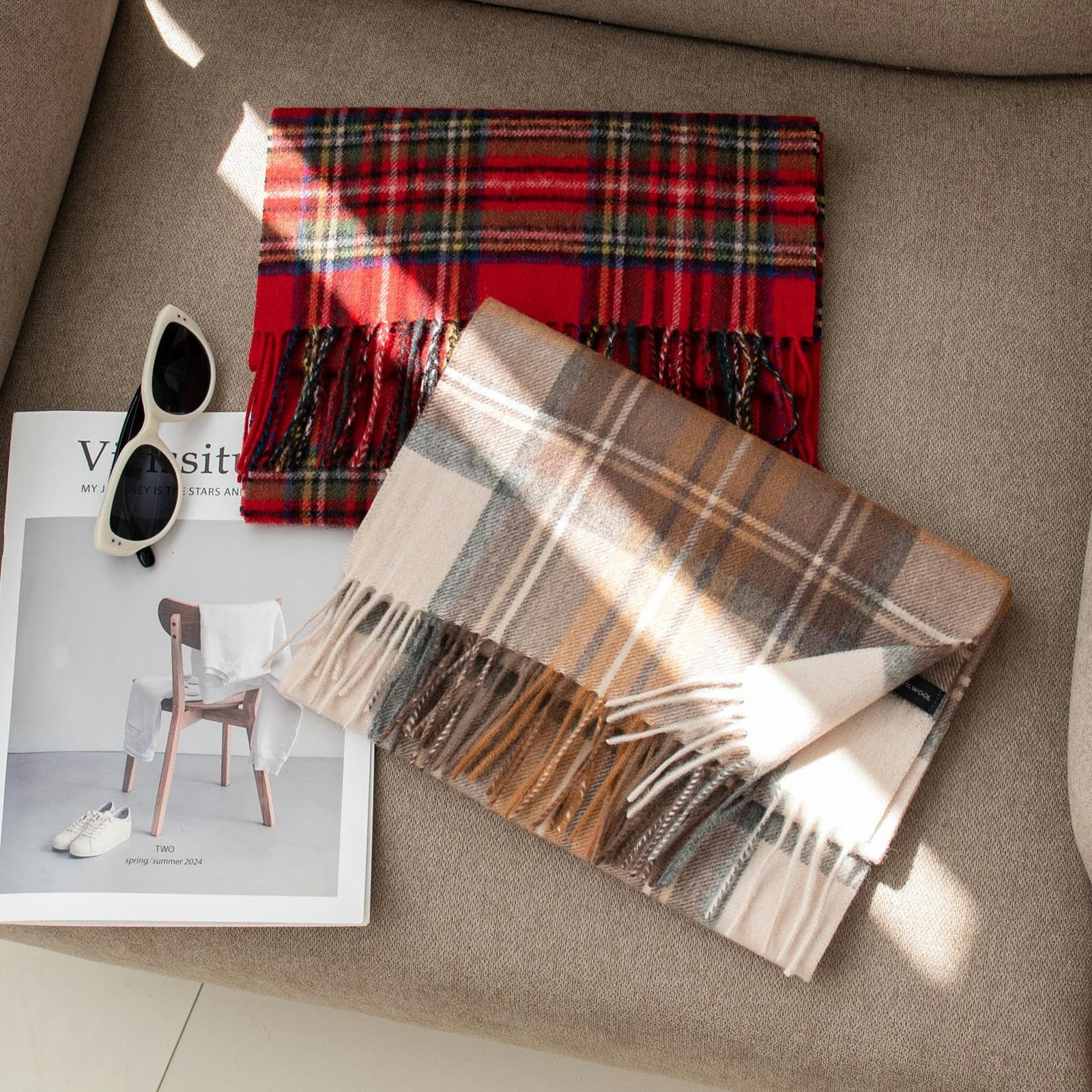 Sciarpa Donna in Cashmere Scozzese, Colorata e Calda per Autunno Inverno - Azzurro - 30 * 180 Cm