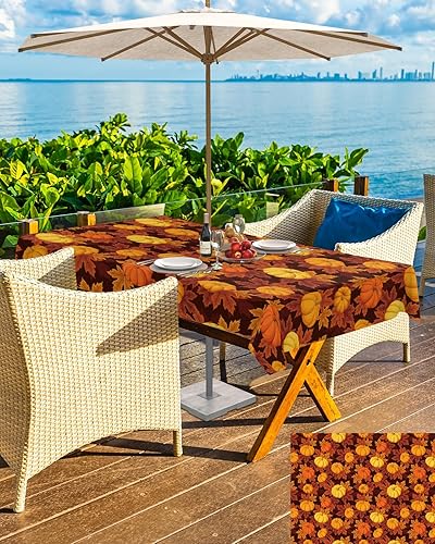 Miniatura 5 de Manteles de Acción de Gracias para exteriores con agujero para paraguas y cremallera, hojas de arce de calabaza, naranja, amarillo, marrón,