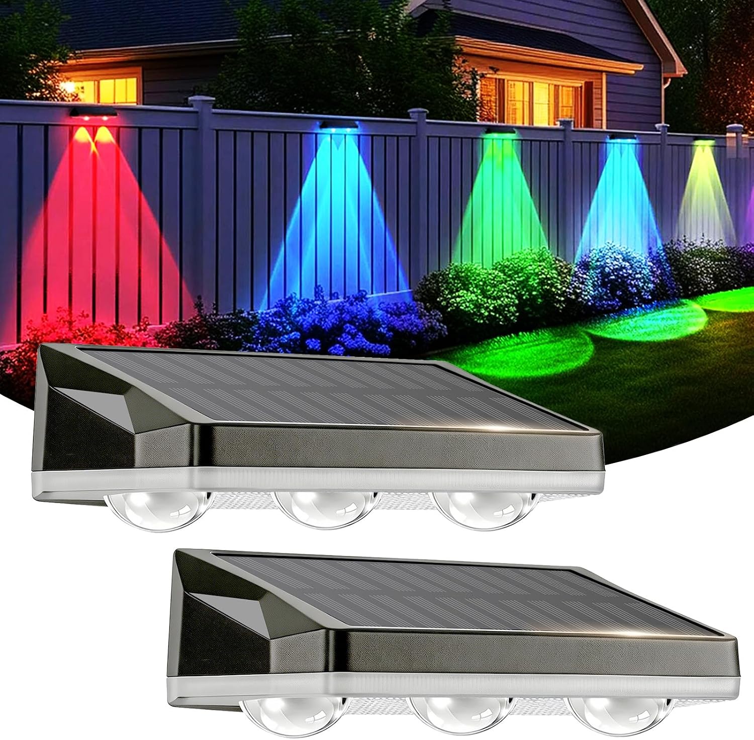 Solar Fence Lights 2 Pack, 50LM Outdoor Fence Solar Lights with 11 Light Colors Glow LED Solar Lights Outdoor Waterproof, Solar Lights for Patio, Backyard, Deck, Fence, Railing