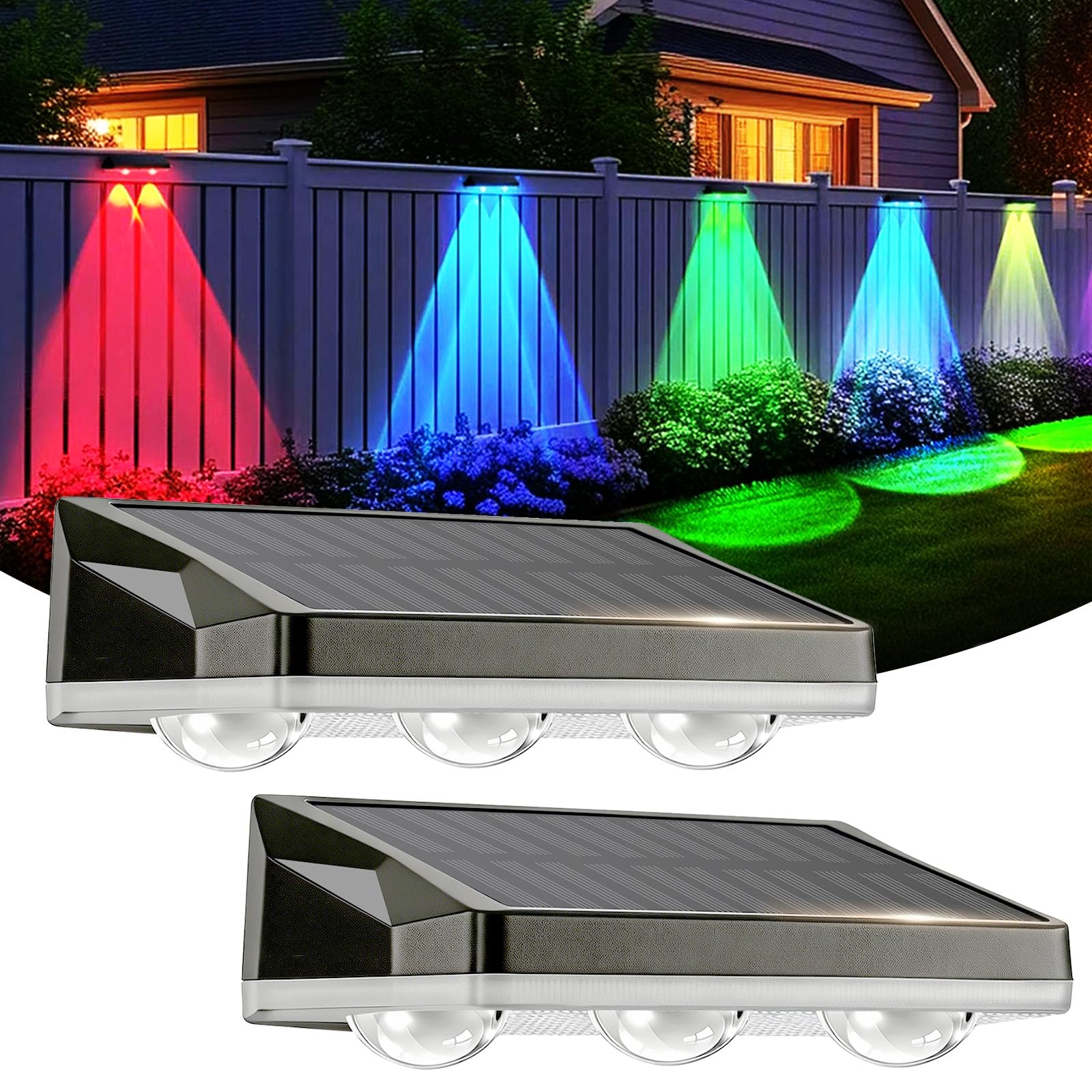 2 Pack Solar Fence Lights Outdoor Waterproof IP65, 13 Lighting Modes RGB Solar Powered Lights for Fence Post Wall Yard, Auto On/Off Dusk to Dawn, 20H Runtime, Patio Deck Railings Steps Backyard (B)