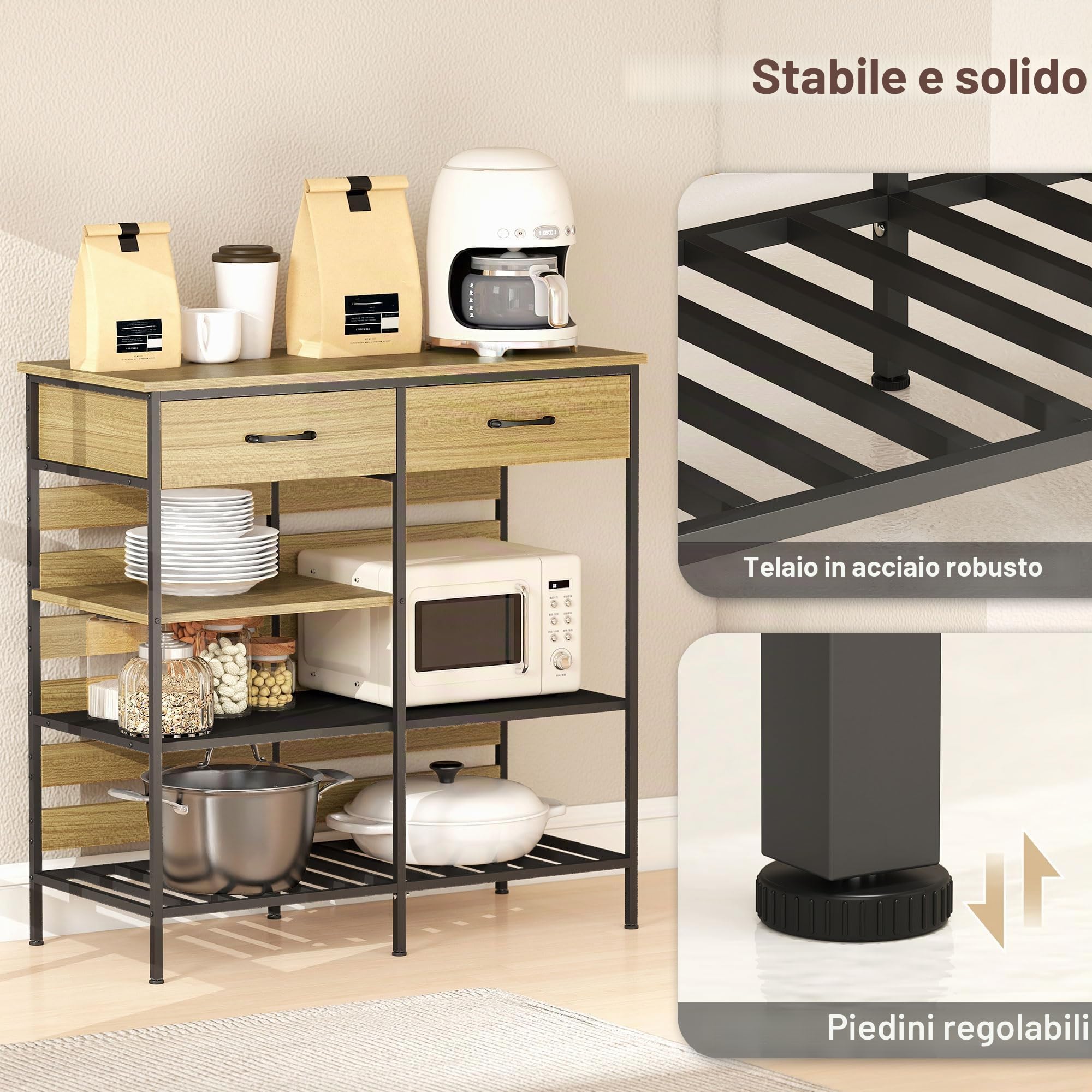 HOMCOM Buffet da cucina con 2 cassetti 90x40x91 cm Legno naturale e Nero