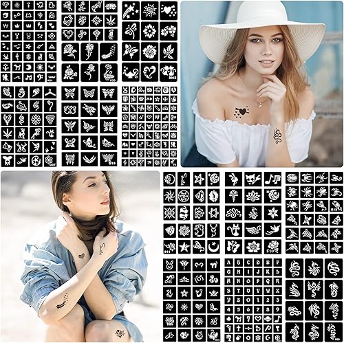 Miniatura 3 de 16 hojas de plantillas de tatuaje de henna reutilizables para mujeres, niñas y niños, más de 220 plantillas de tatuaje, plantilla de tatuaje con