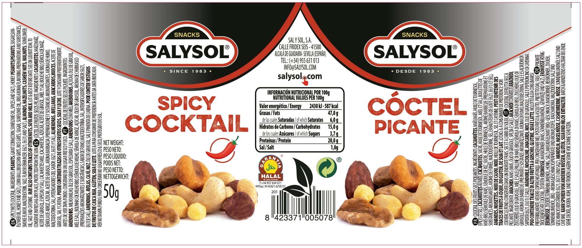 SALYSOL Frutos secos mezcla PICANTE 10x50g Envasados al vacío Mix frutos secos