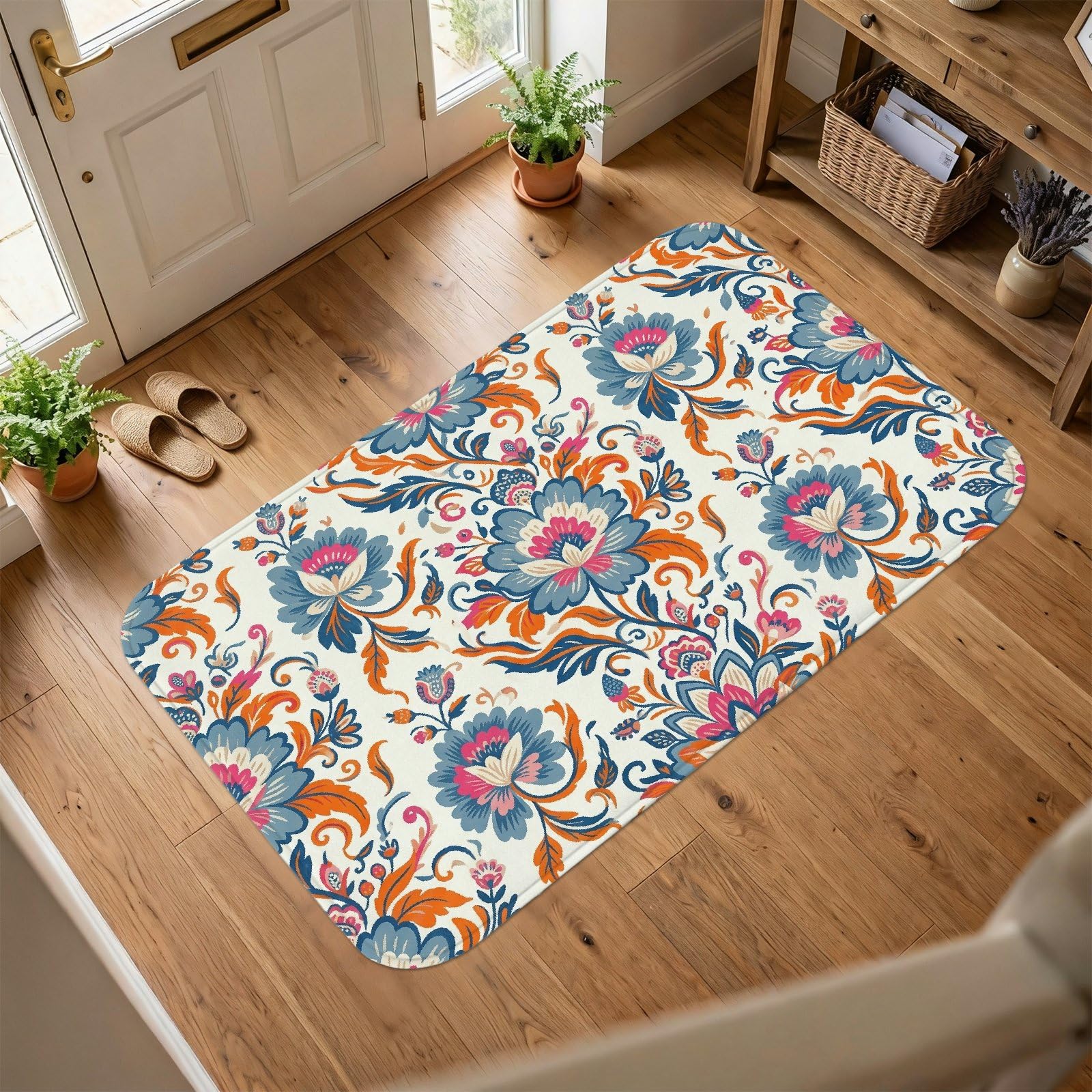 Tapis éponge anti-perte de poils floral turquoise pour couloir
