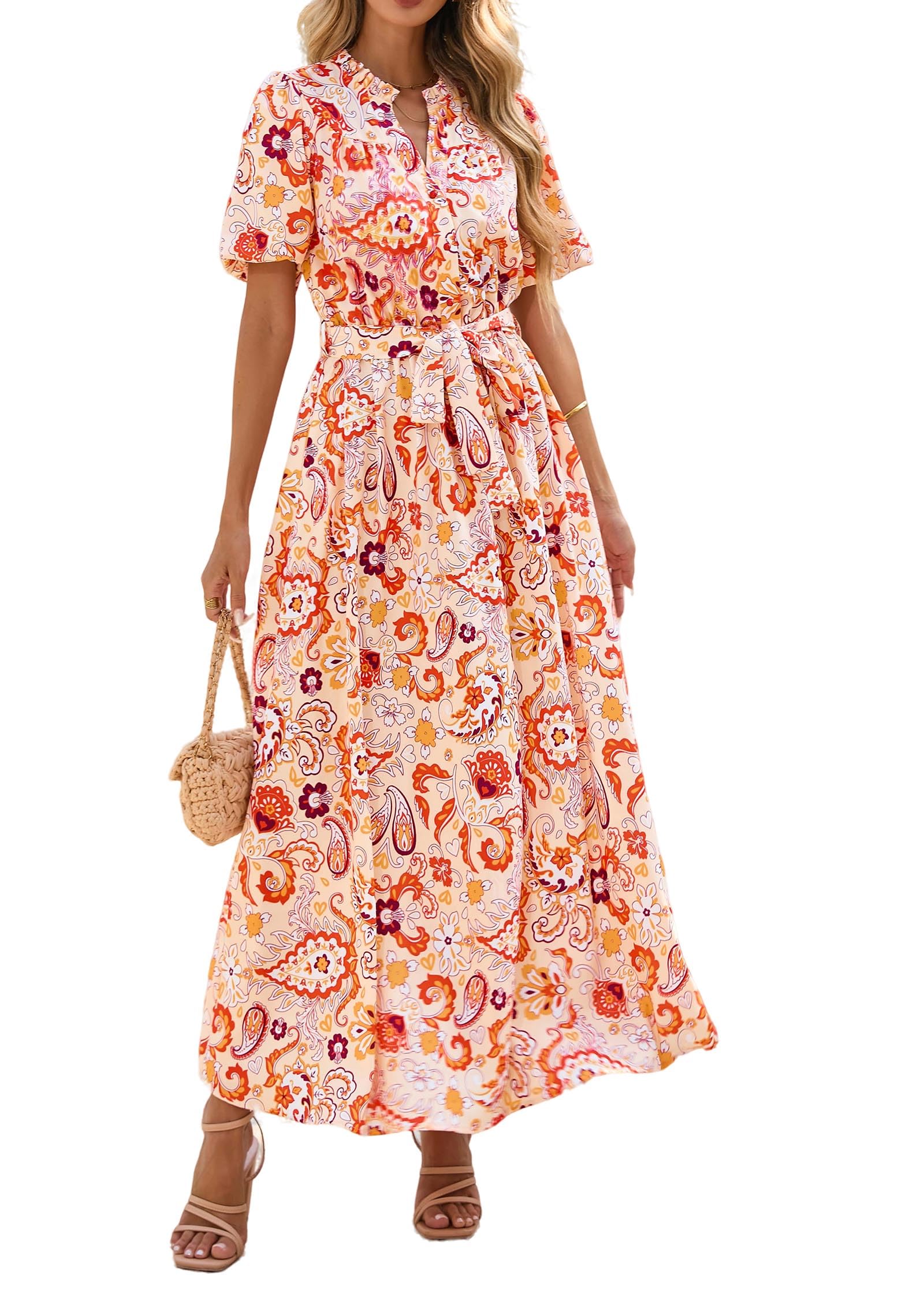 KIRUNDO Women Spring Summer Wedding Guest Boho Floral Maxi Dress Puff Sleeve Button Shirt V Neck Flowy Beach Vacation Dress