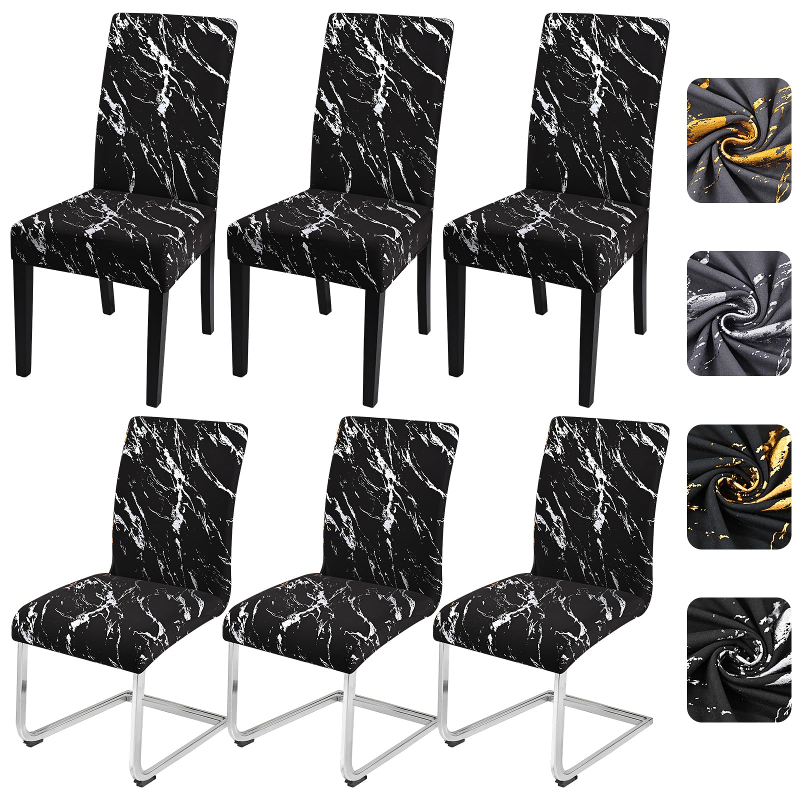 Alishomtll Dining Chair Covers Set of 6 Stretch Marble Pattern Black Silver