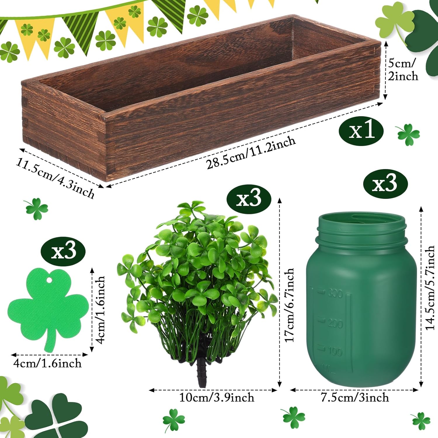 Domensi St Patrick's Day Table Decoration Set Rustic Wood Tray with Artificial Shamrocks Clover Greenery Fake Plants Mason Jar Wooden Tag for Irish Dining Table Centerpiece Supplies - Image 2