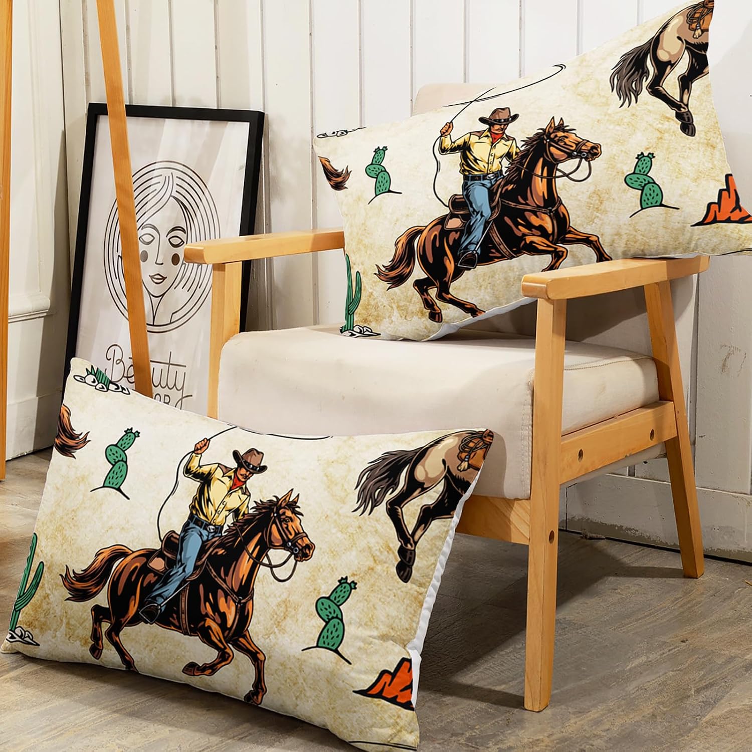 AILONEN Western Cowboy Fitted Sheet Twin XL Size, Rodeo Cowboy Riding Bull with Cacti Western Style Bedding Sets for Girls Boys Girls,Ranch Jomon Bed Sheet Set,1 Deep Pocket and 2 Pillowcases,3Pcs