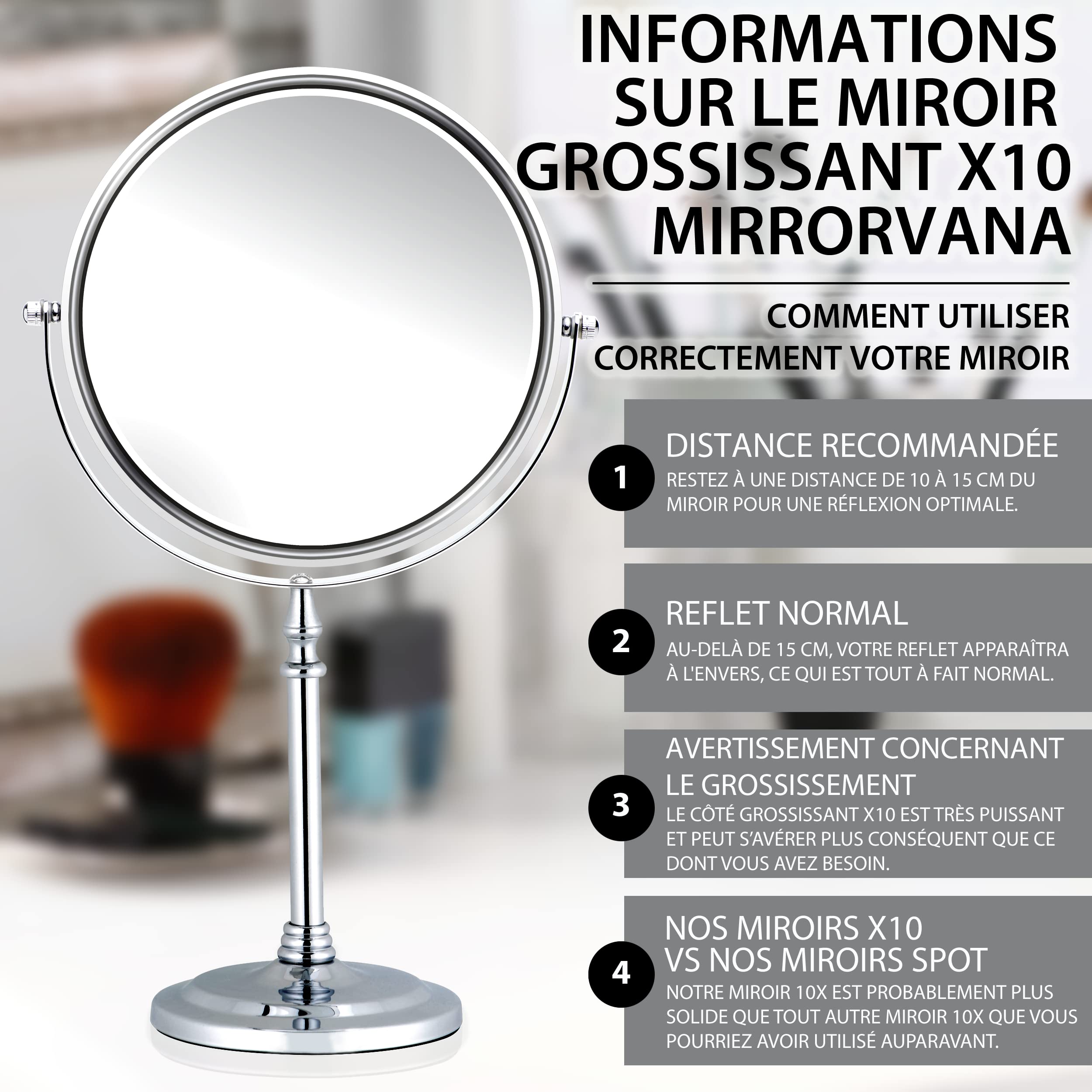 Mirrorvana Miroir grossissant 10x Rond pour Salle de Bain, Miroir de Table pour Maquillage avec Rotation à 360°, Miroir sur Pied 10x et 1x (20 cm)