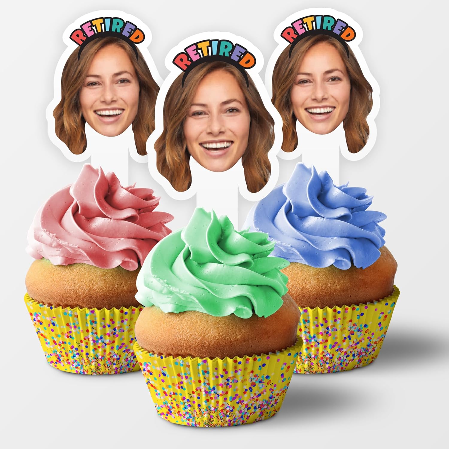 Custom Photo Cupcake Toppers for Retirement, 2x4 Inches, Solid Plastic Personalized Retirement Cupcake Toppers (Retirement Headband, 25)