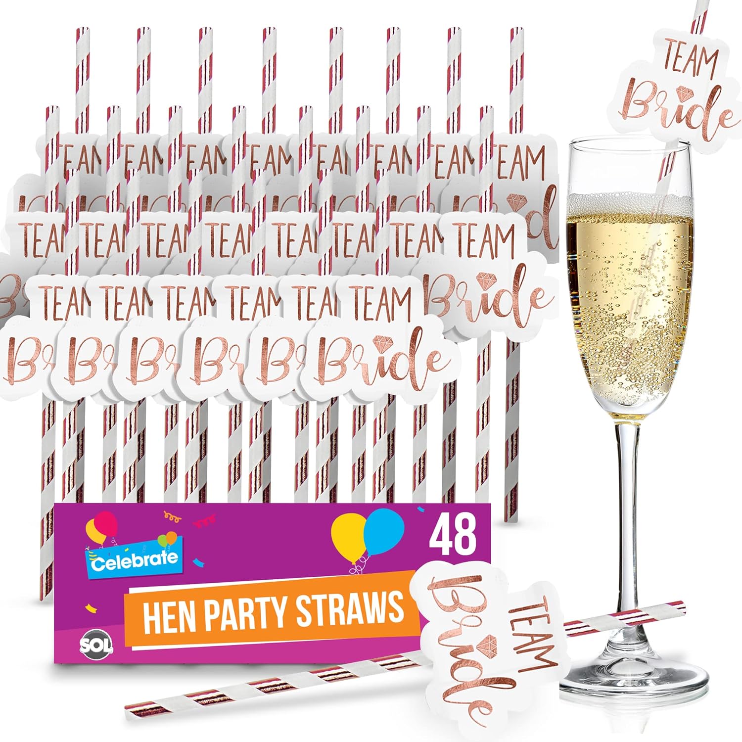 48pk Team Bride Straws, Rose Gold Hen Party Straws, Paper Hen Do Straws