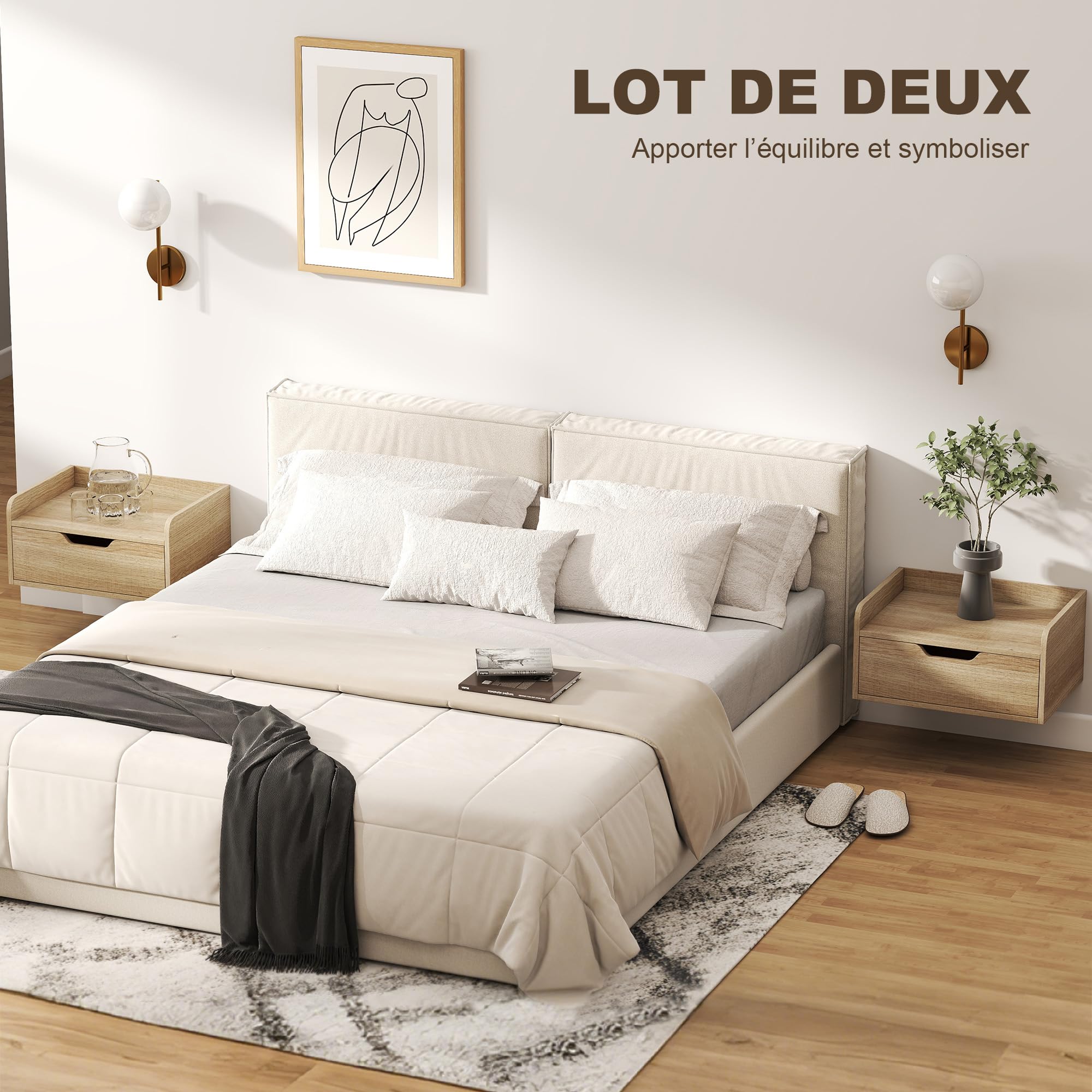 HOMCOM Set di 2 comodini da parete, comodini sospesi con cassetto e piano rialzato, stile moderno, per camera da letto, soggiorno, 40 x 30 x 19,5 cm, legno naturale