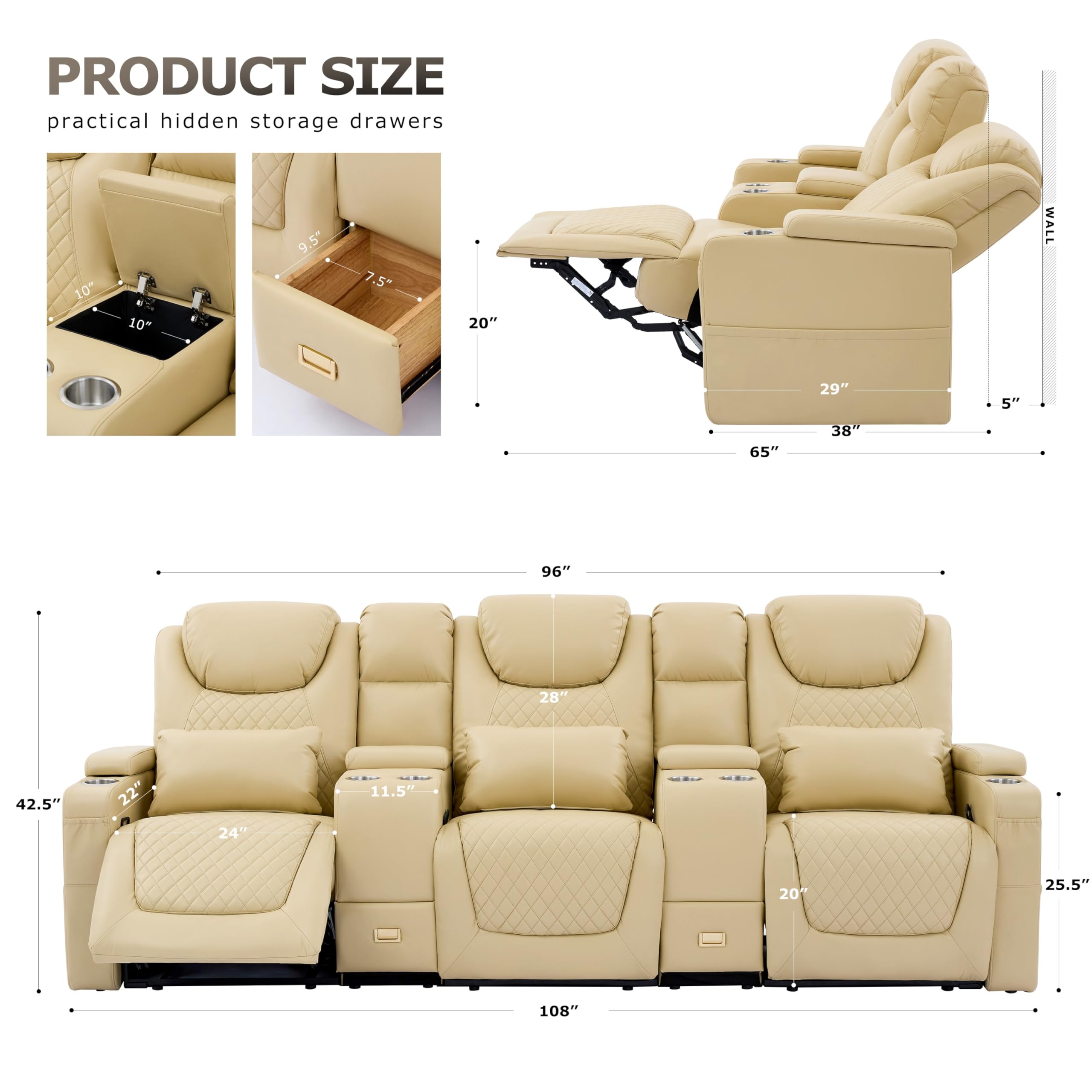 Attliahome Home Theater Seating, Recliner Sofa PU Leather with Central Console and 3 Pillows, Wall Hugger Recliners & 135° Reclining Theater Seats (Row of 3,Beige)