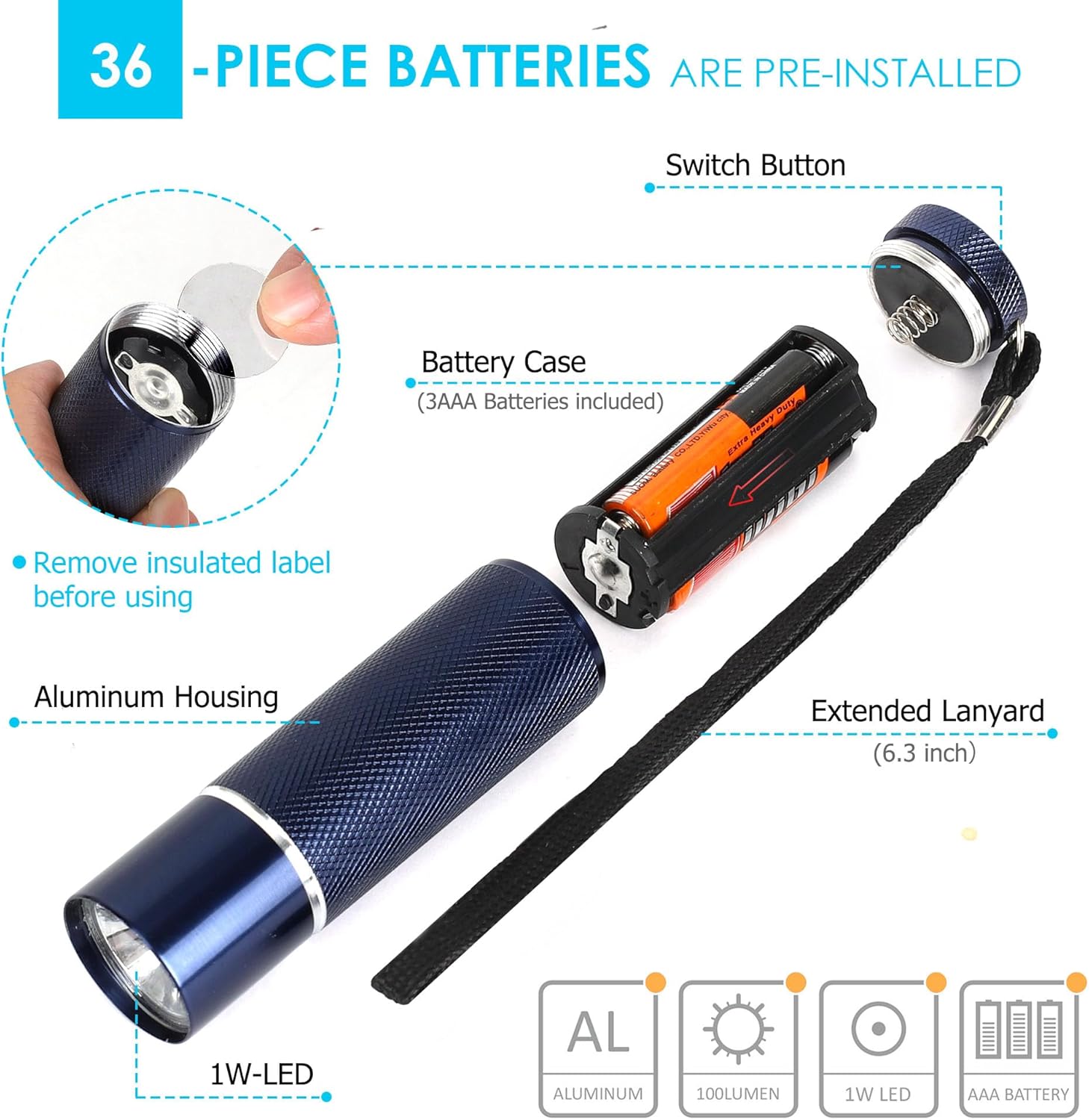 FASTPRO 12-Pack Flashlights Set, Aluminum LED Flashlights with AAA Batteries Included & Pre-Installed, Super Bright 100 Lumen Flashlight for Party Favors, Holiday Gifts, Camping, Hurricane Supplies - Image 4