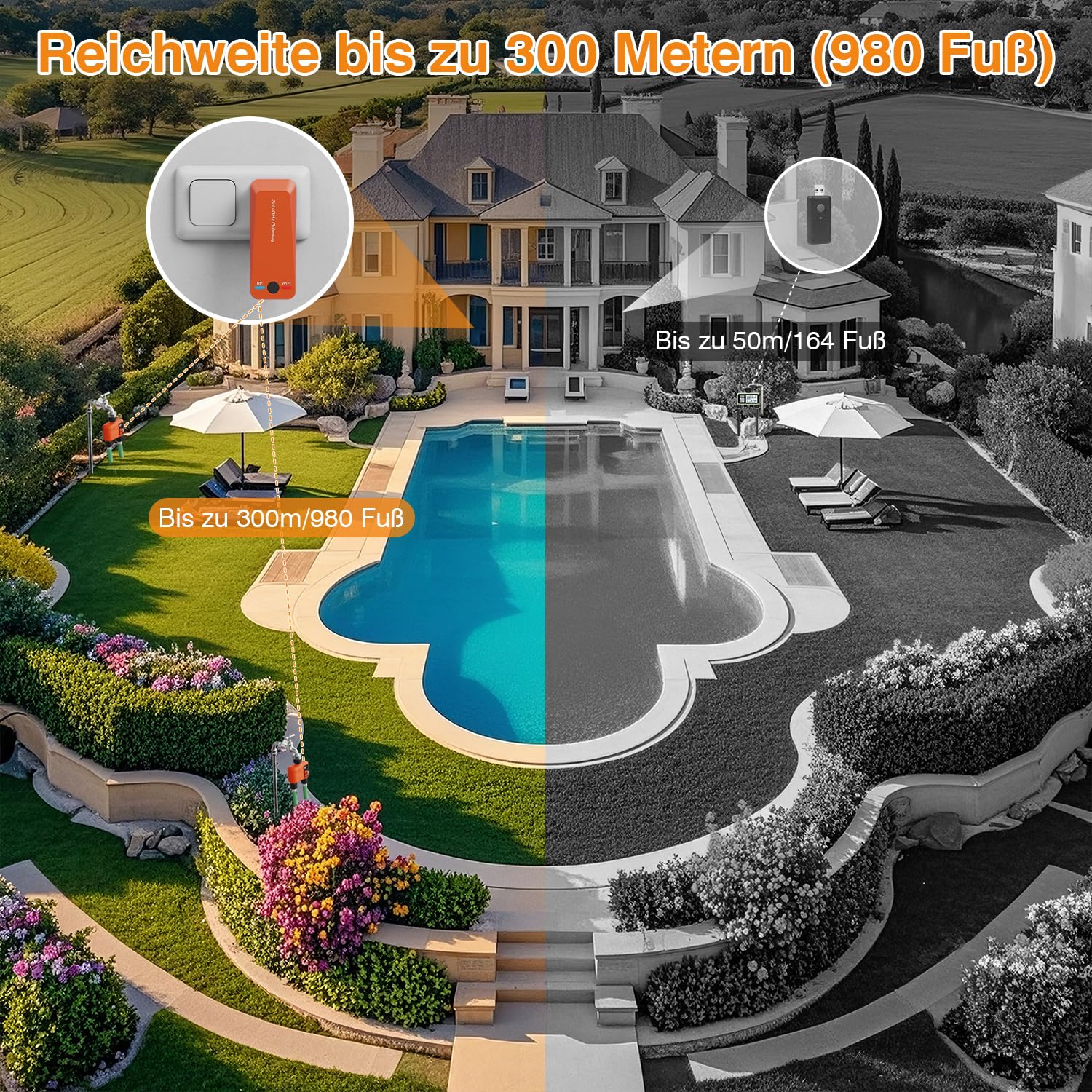 Bewässerungscomputer WLAN 2 Ausgänge mit 300 Meter RF, Starke Wanddurchdringung, Smarte Bewässerungsuhr mit APP & Alexa Sprache, Automatische Bewässerungssystem Regenverzögerung für Garten