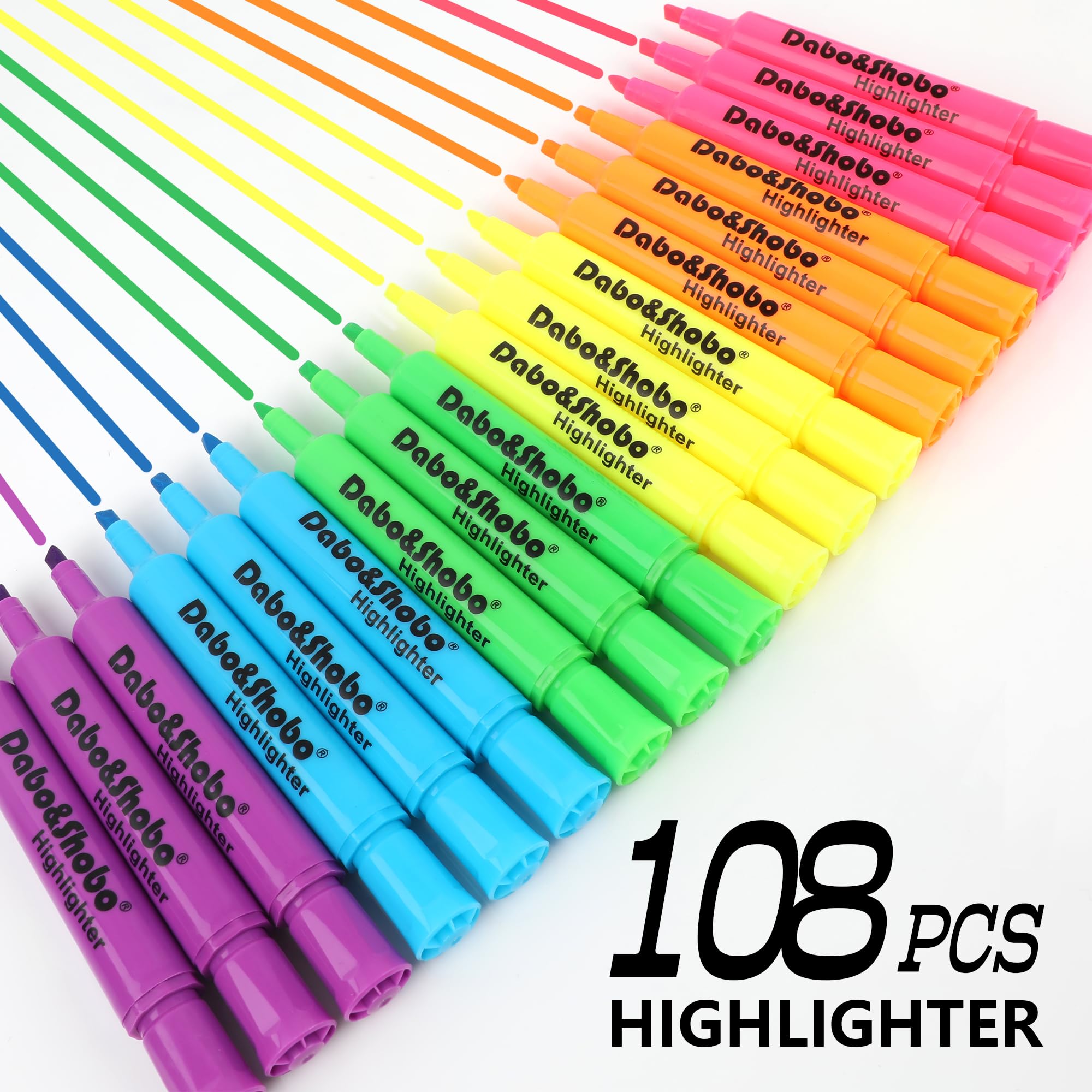 Dabo&Shobo Zakreślacze 108 sztuk, zakreślacze w stylu czołgu, różne fluorescencyjne kolory, 6 jasnych kolorów, zakreślacze z końcówką dłutą dla dzieci i dorosłych