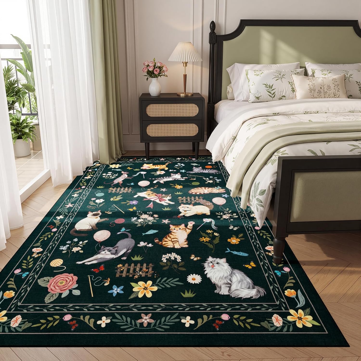 Unirea 4x6 Washable Cat Area Rug for Living Room Bedroom, Black Animal Non Slip Soft Stain Resistant Rug for Home Office, Kitchen, Nursery, Dining Room Laundry Room, Low Pile Thin Carpet