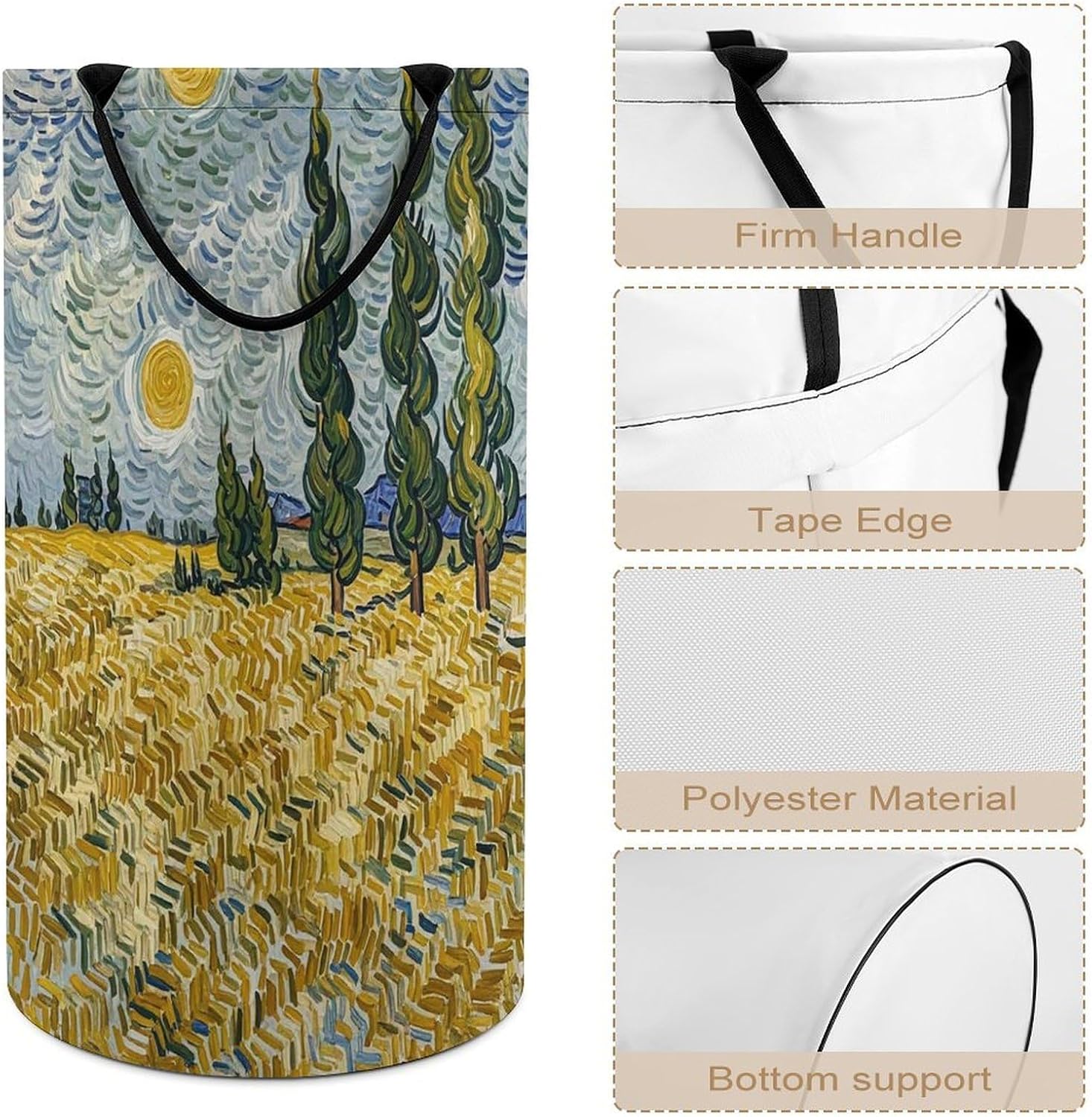 Wheat Fields And Cypress Trees Laundry Basket Collapsible Round Waterproof Large Storage Bin With Double Handles Clothes Storage Bucket For Laundry Bedroom Kids Room