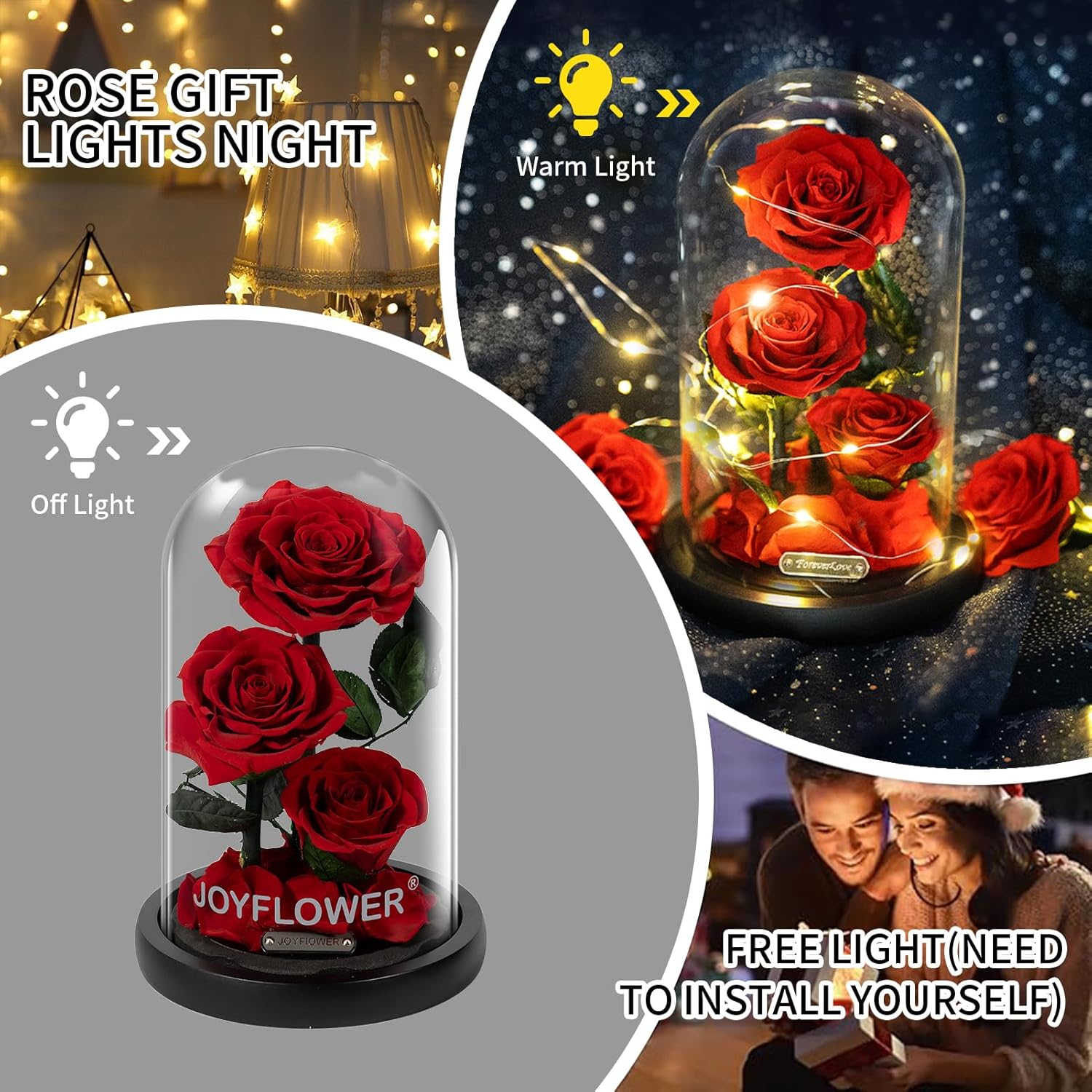 JoyFlower Preserved Flowers Gift for Women, Handmade Eternal Rose in Glass Dome, Forever Real Rose Gifts for Wife Mom Girlfriend, Three Red Roses Gift for Anniversary Birthday Valentine's Mother's Day