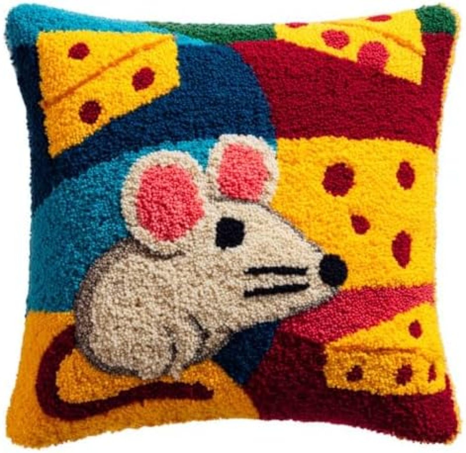 Kitphoenix Multicoloured Diy Latch Hook Cushion Kit Mouse And Cheese,Beginner-Friendly Rug Hooking Pillow Kit,Crochet Craft Cushion Cover For Home Decor,43X43 Cm-2