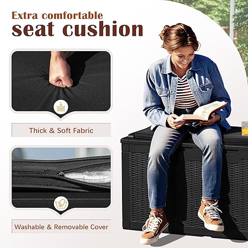 Miniatura 7 de Devoko Caja de cubierta de 100 galones, caja de almacenamiento impermeable al aire libre con cojín (negro)