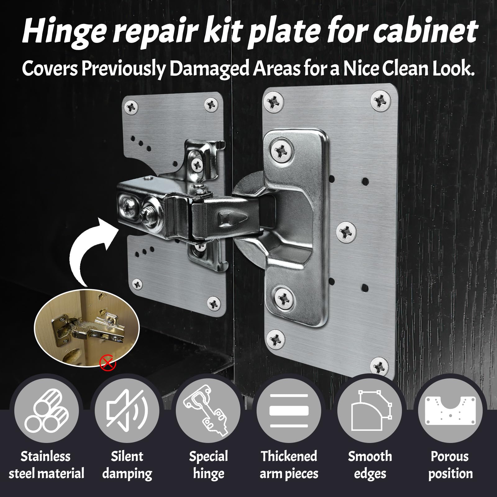 4pcs Cabinet Hinge Repair Plate Set ,Stainless Steel Hinge Repair Kit,Kitchen Cupboard Door Hinge Repair Brackets,Household Fixing Plate with Mounting Screw (3 Repair Panels+3 Hinges+54 Screws) - Image 3