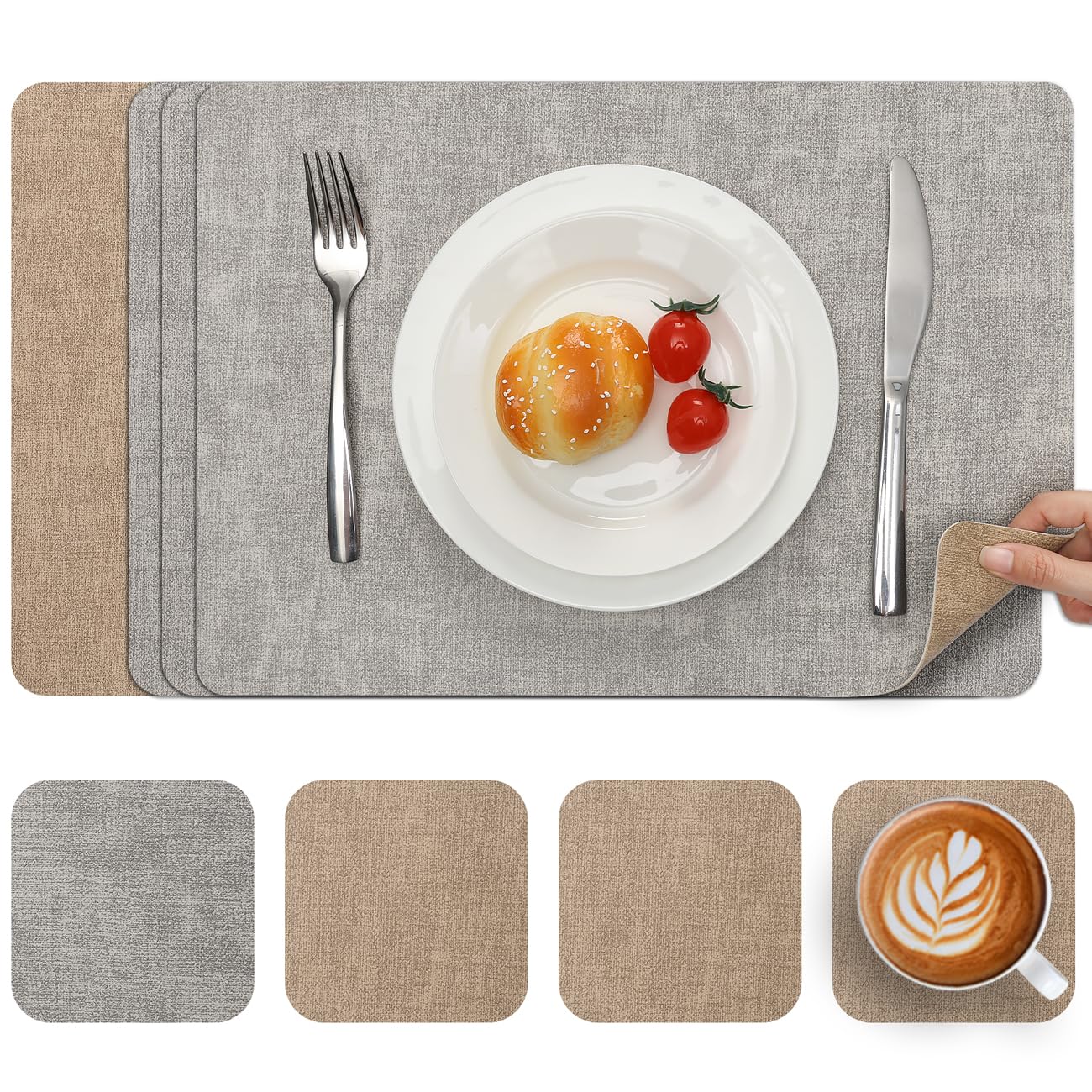 Myir JUN Reversible Vinyl Placemats and Coasters Set of 4, Faux Leather Place Mats Dual Sided Waterproof Oilproof, Heat-Resistant Table Mats for Kitchen Indoor Outdoor (12" x 17", Light Grey Beige)