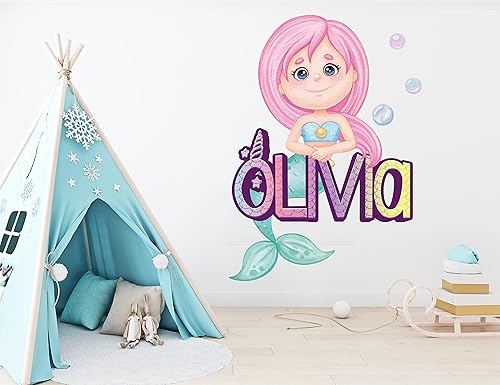 Miniatura 2 de Calcomanía de pared de sirena con nombre personalizado, calcomanías de pared de sirena, decoración de habitación de sirena para dormitorio de niñas,